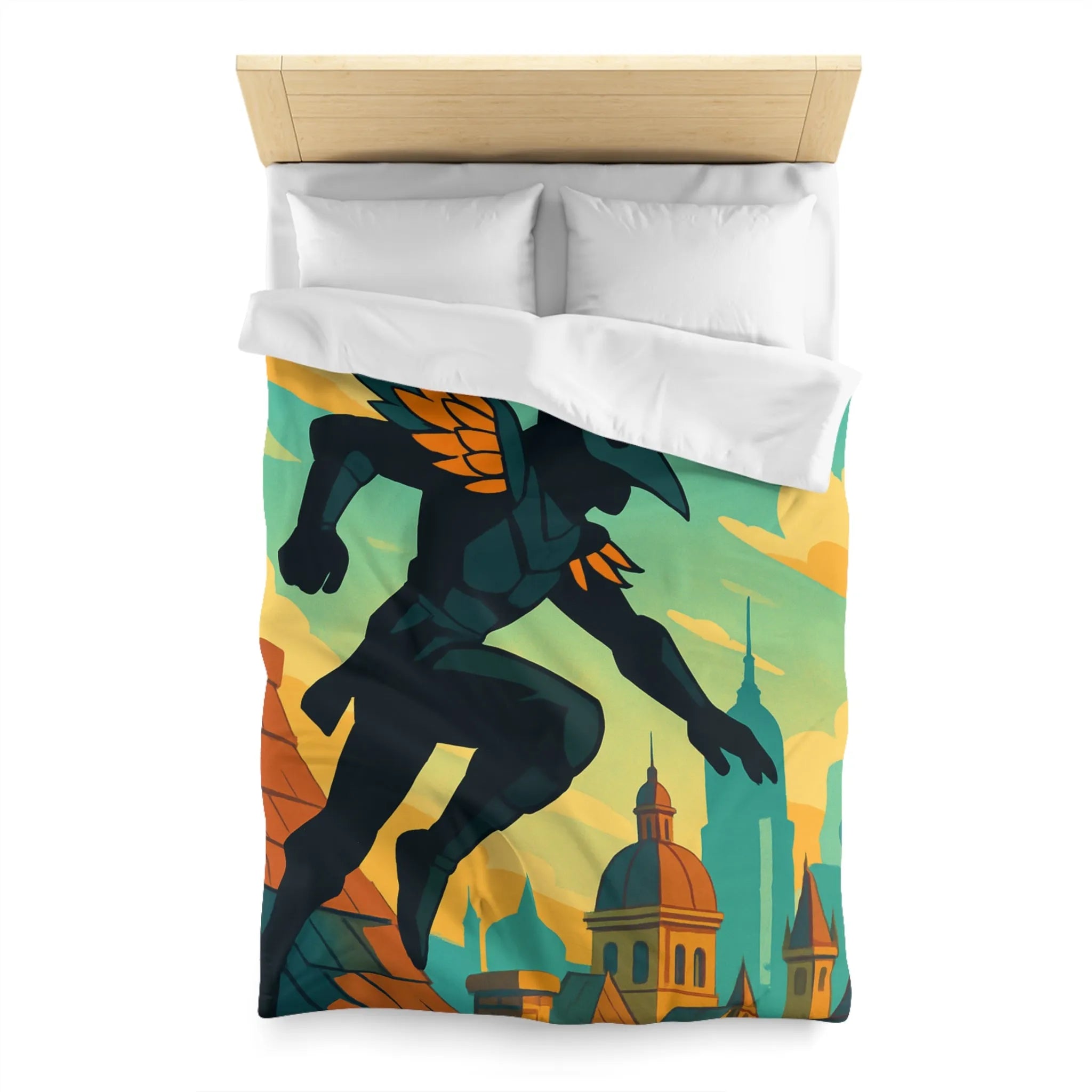 Housse de couette artistique avec silhouette et oiseau sur un toit urbain animé