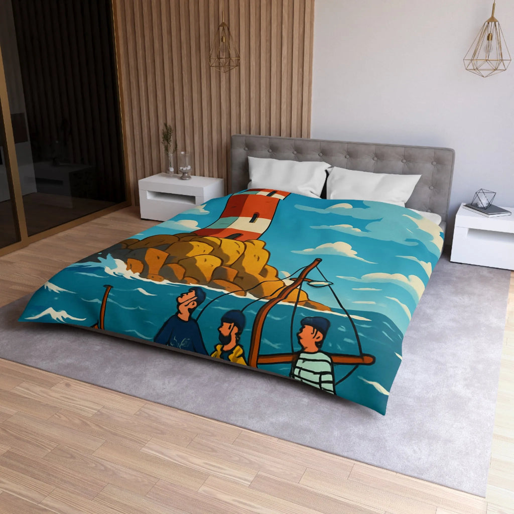 Housse de couette maritime avec phare, bateau et équipage sur mer agitée