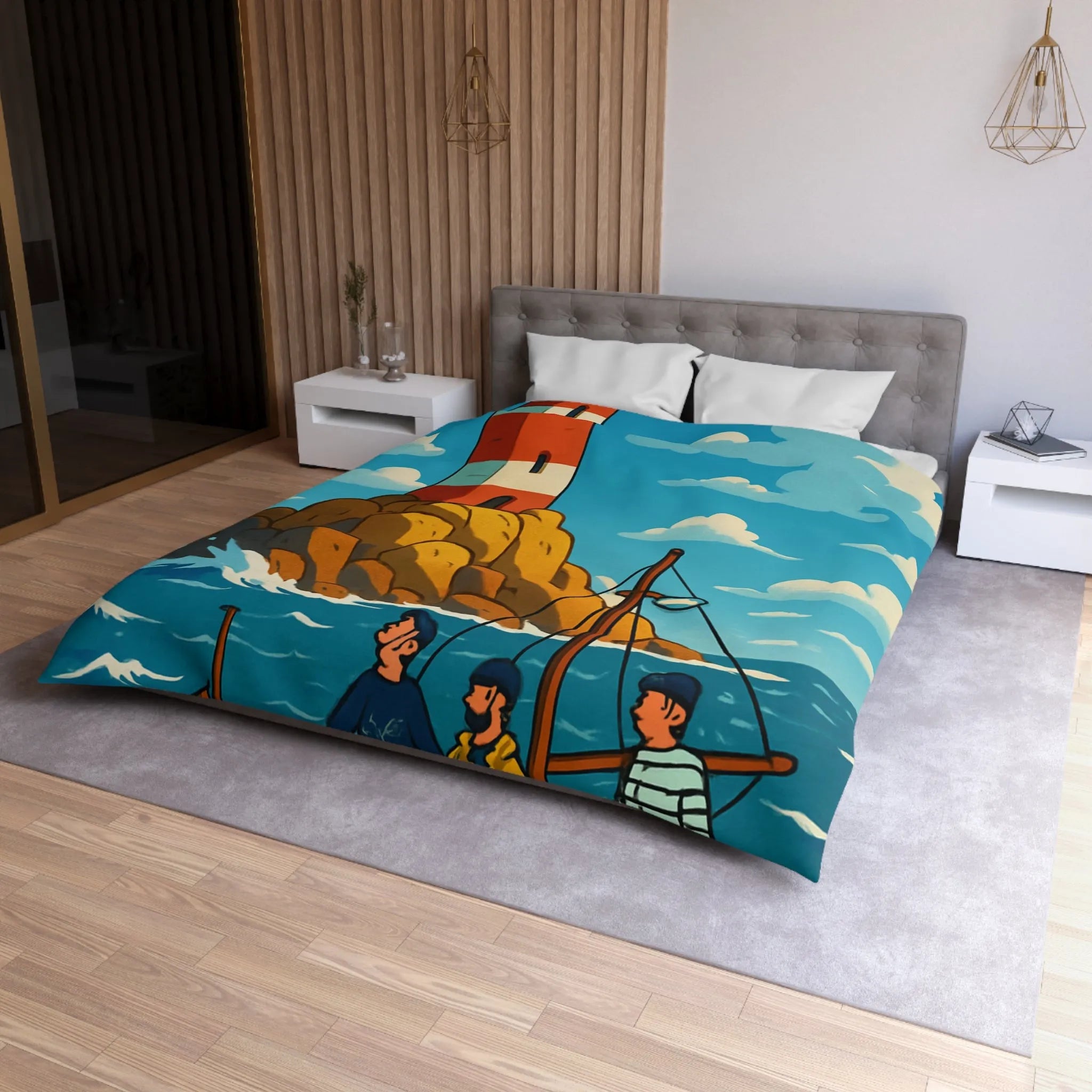 Housse de couette maritime avec phare, bateau et équipage sur mer agitée