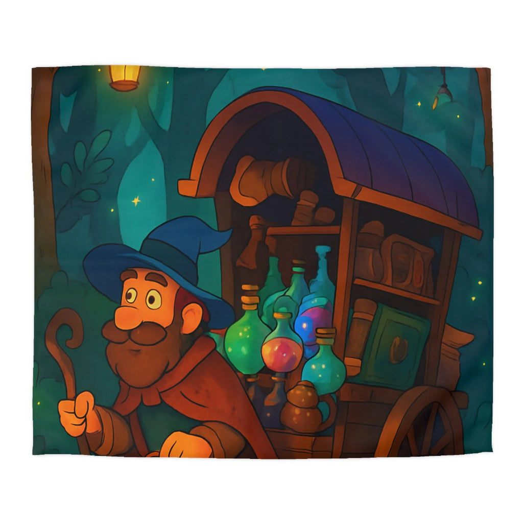 Housse de couette enchantée avec chariot de potions et créatures fantastiques