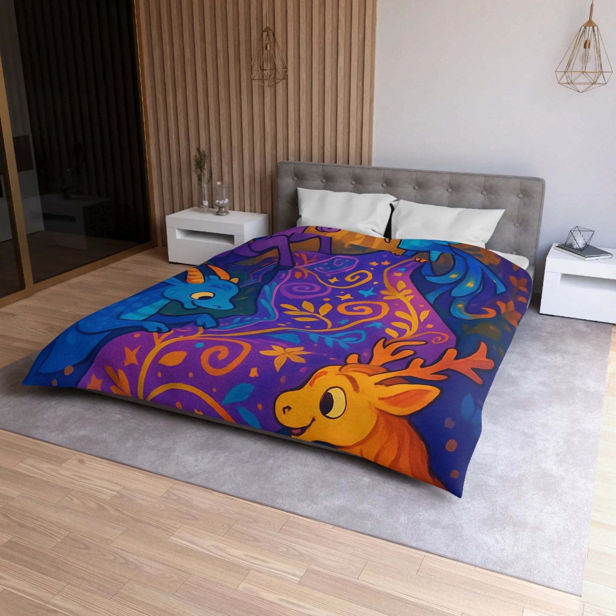 Housse de Couette Féérique Avec Créatures Magiques Colorées et Motif Floral Envoûtant