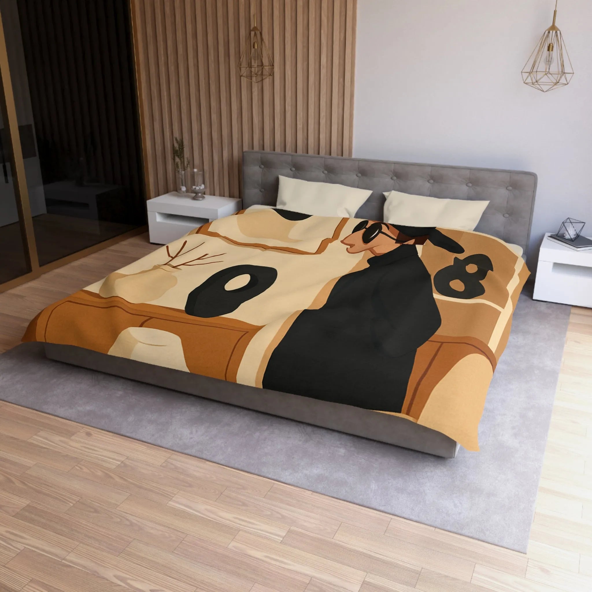 Élégant homme en noir dans salon moderne minimaliste aux accents artistiques abstraits