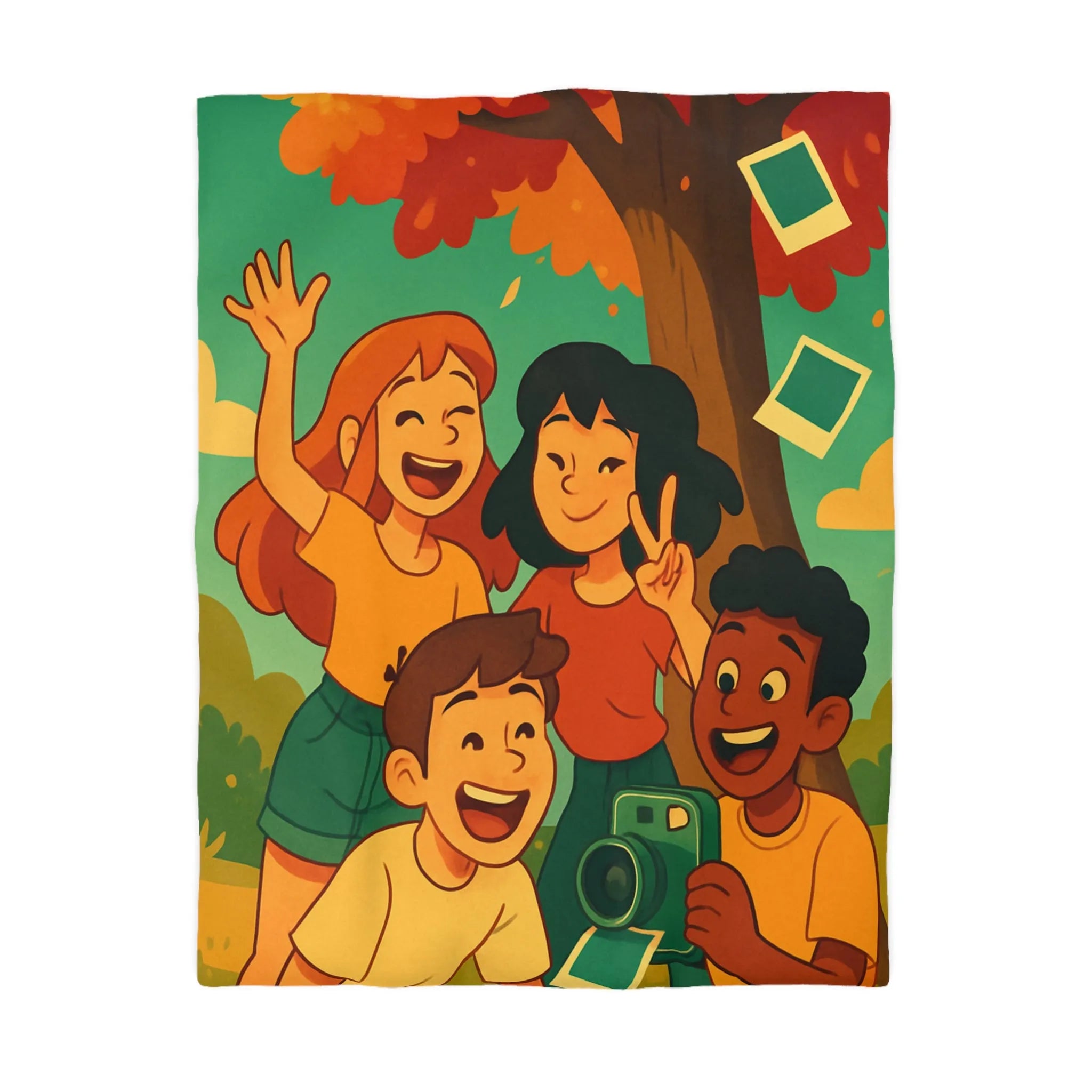 Housse de Couette Enfants Arborant Motif Nature et Joie Automnale Avec Polaroids