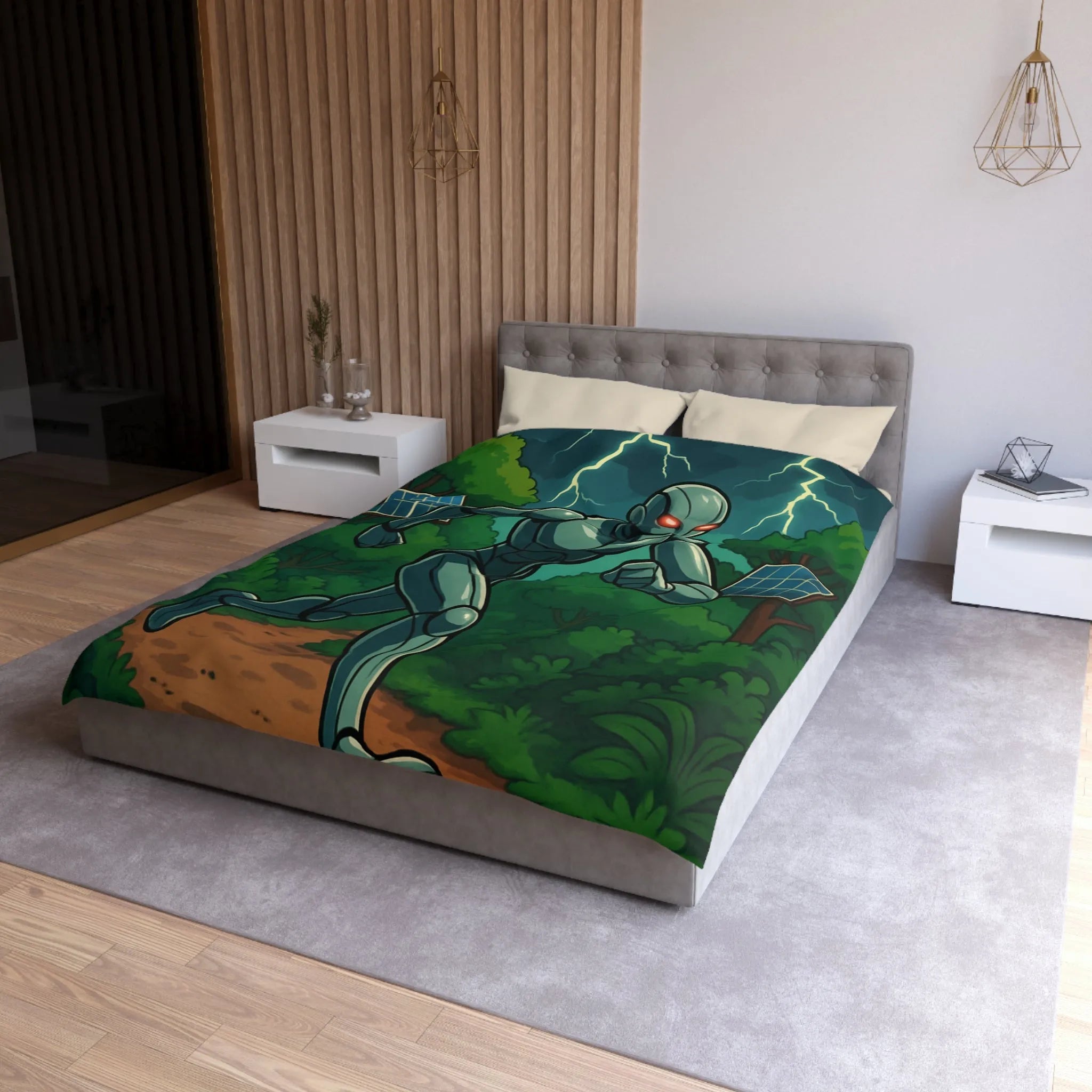 Housse de couette avec robot futuriste courant dans une jungle électrifiée et orageuse