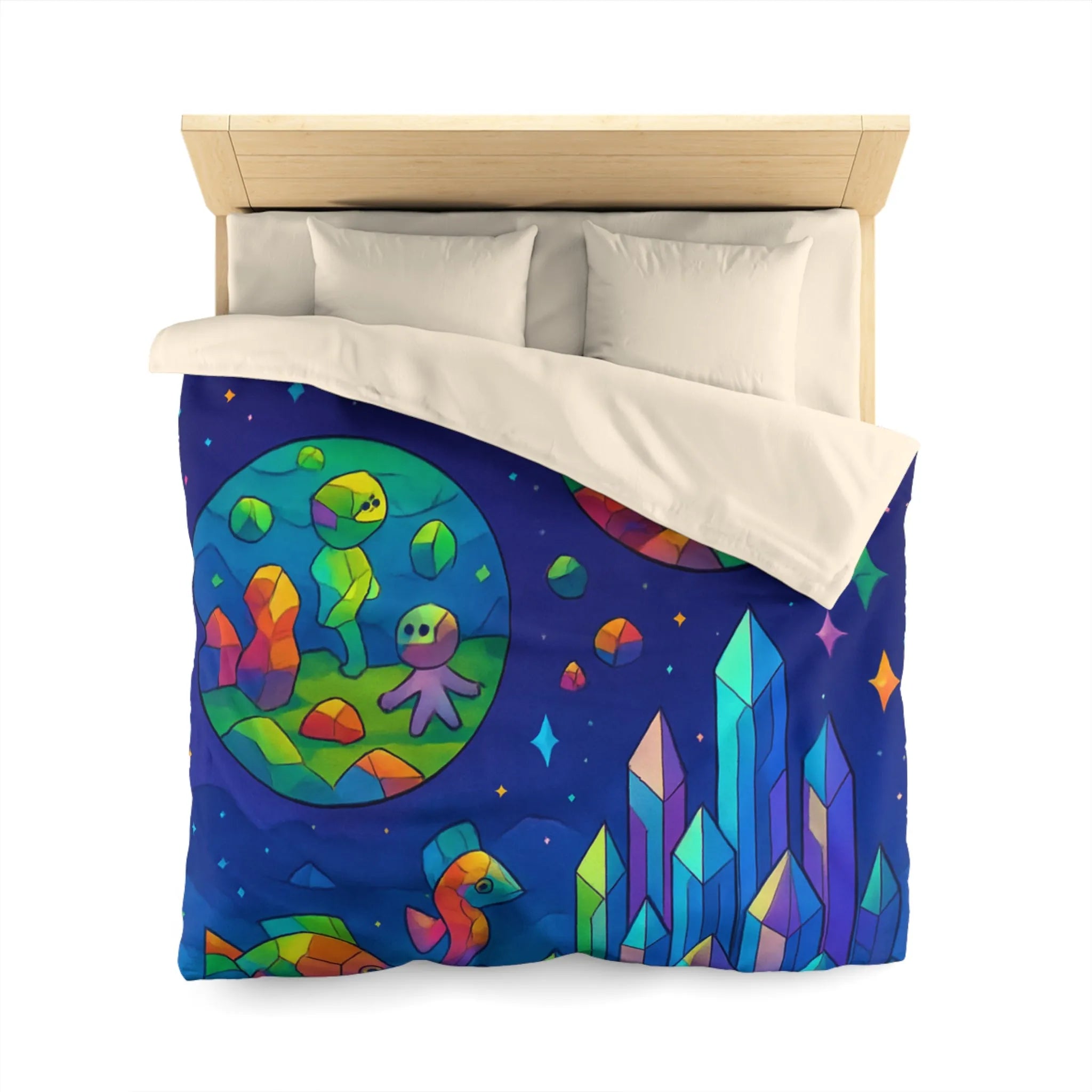 Housse de couette colorée avec paysages extraterrestres, créatures mignonnes et cristaux célestes