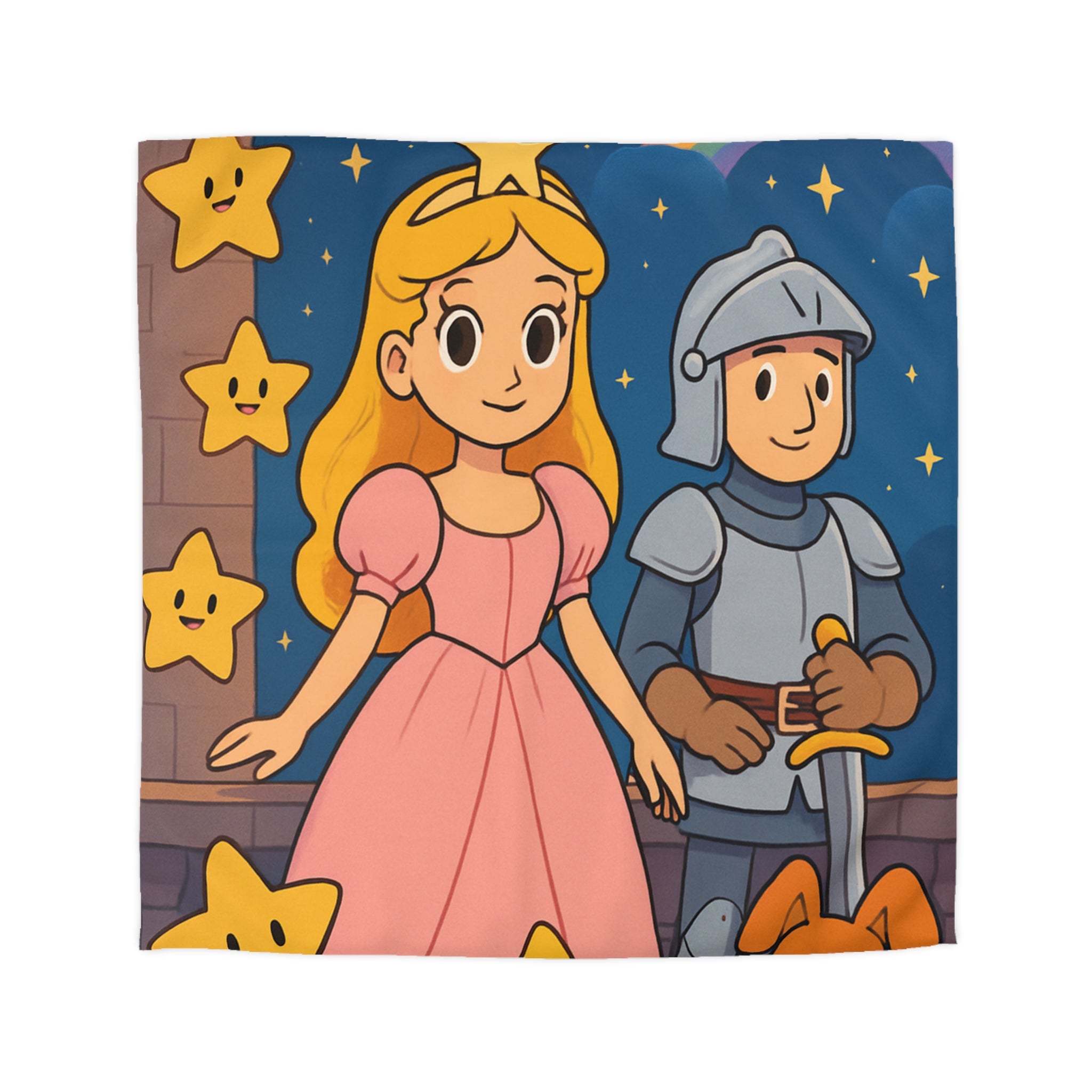 Housse de couette princesse et chevalier avec étoiles et arc-en-ciel magique