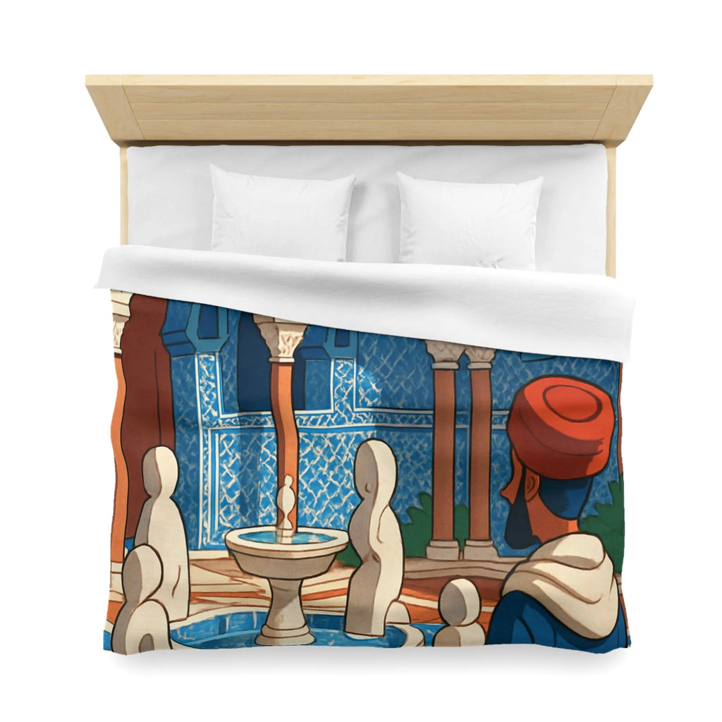 Housse de couette avec design marocain bleu, arches andalouses, fontaine et personnage paisible