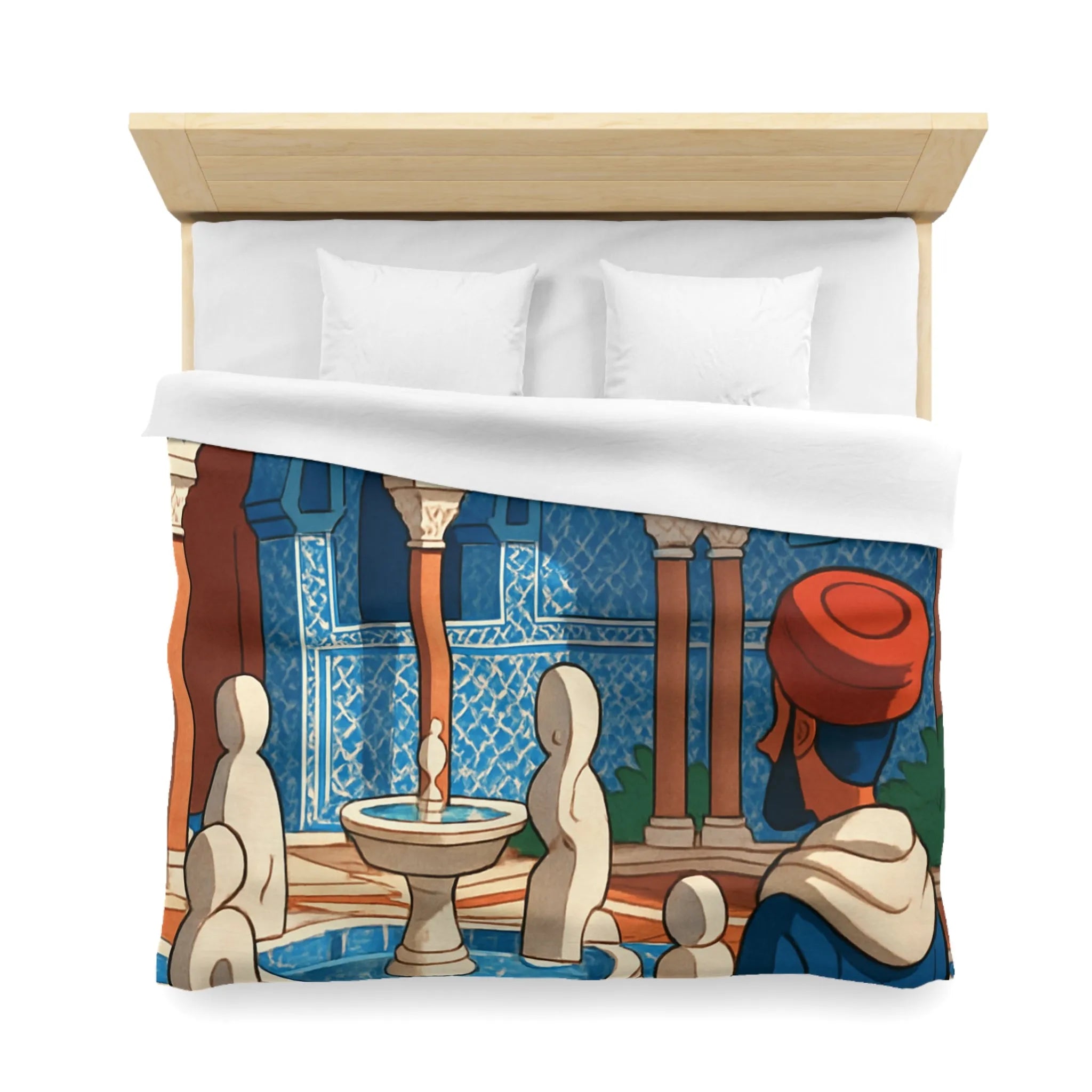 Housse de couette avec design marocain bleu, arches andalouses, fontaine et personnage paisible