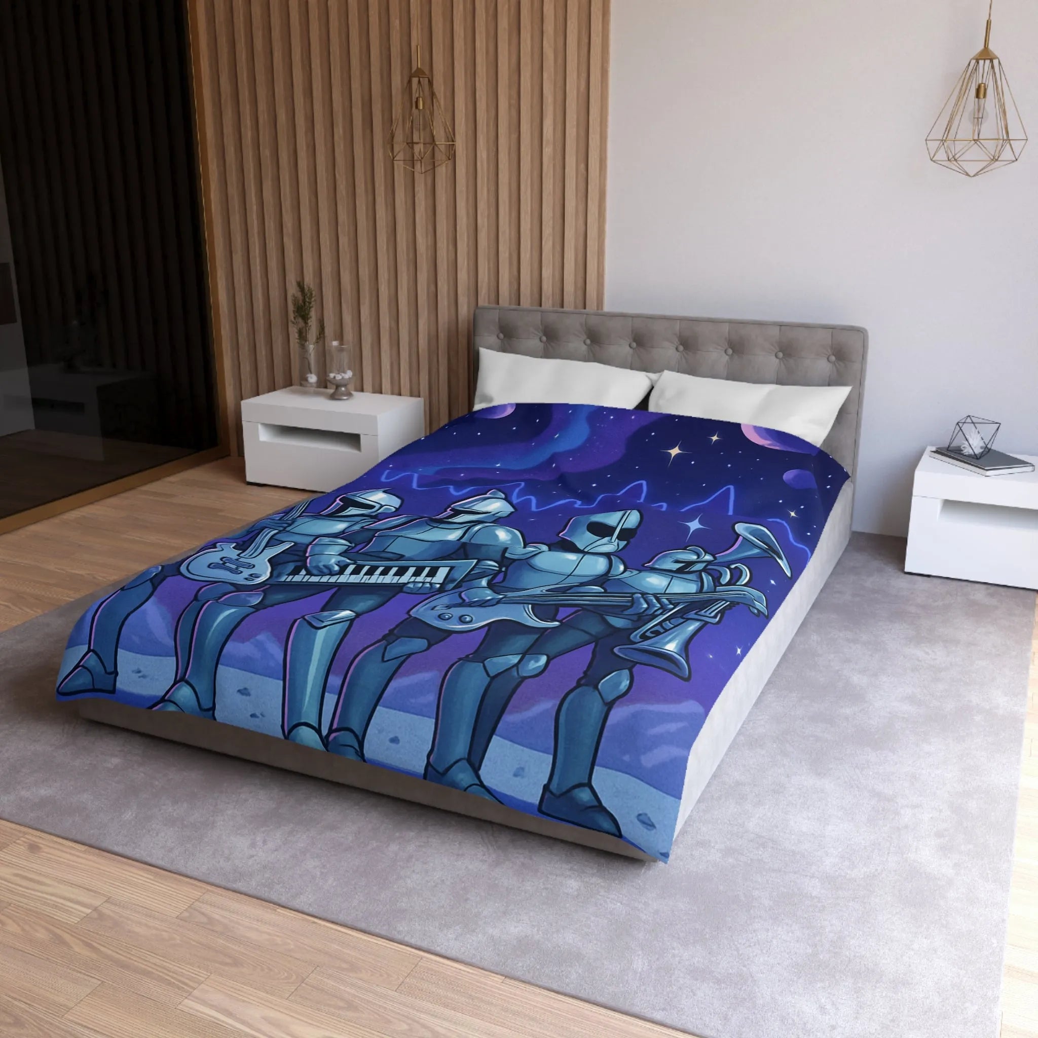Housse de couette futuriste avec chevaliers musiciens sur fond spatial étoilé galactique