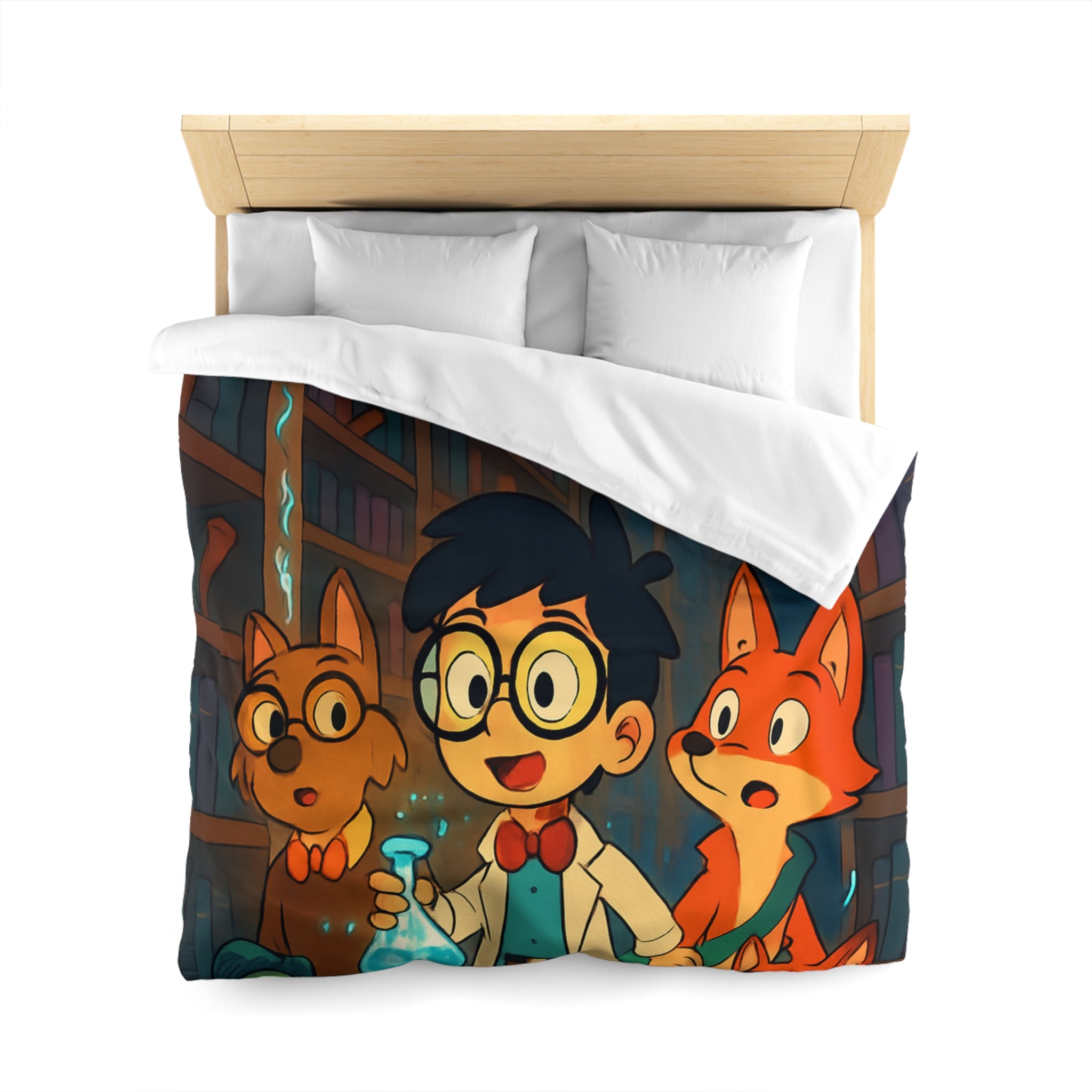 Housse de couette pour enfants avec dessin animé de bibliothèque magique et animaux curieux