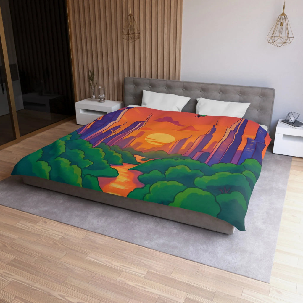 Housse de couette avec illustration urbaine et naturelle au coucher du soleil envoûtant