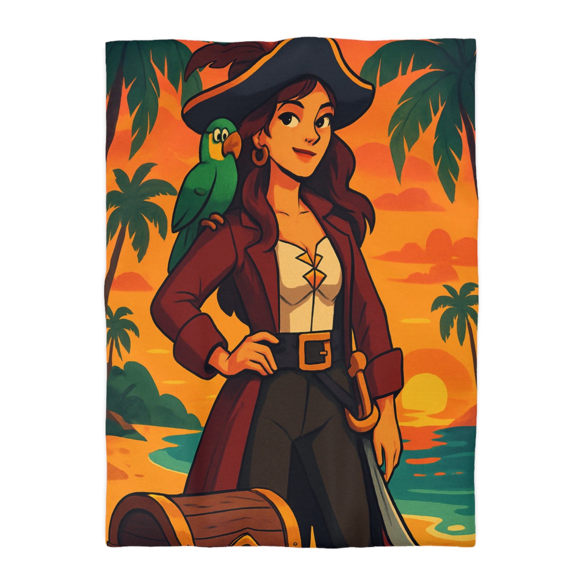 Housse de couette pirate colorée avec perroquet et coffre au trésor tropical