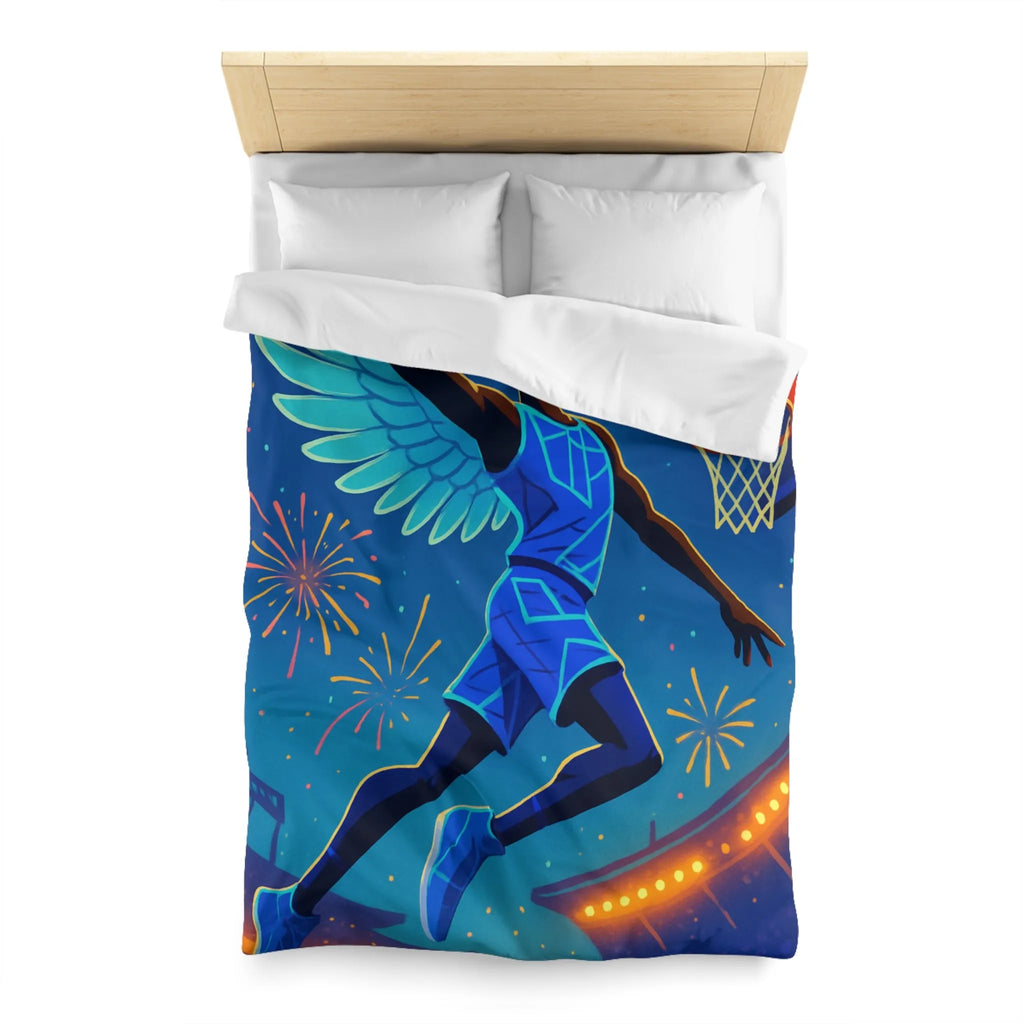 Housse de couette avec joueur de basket volant sous un ciel étoilé lumineux