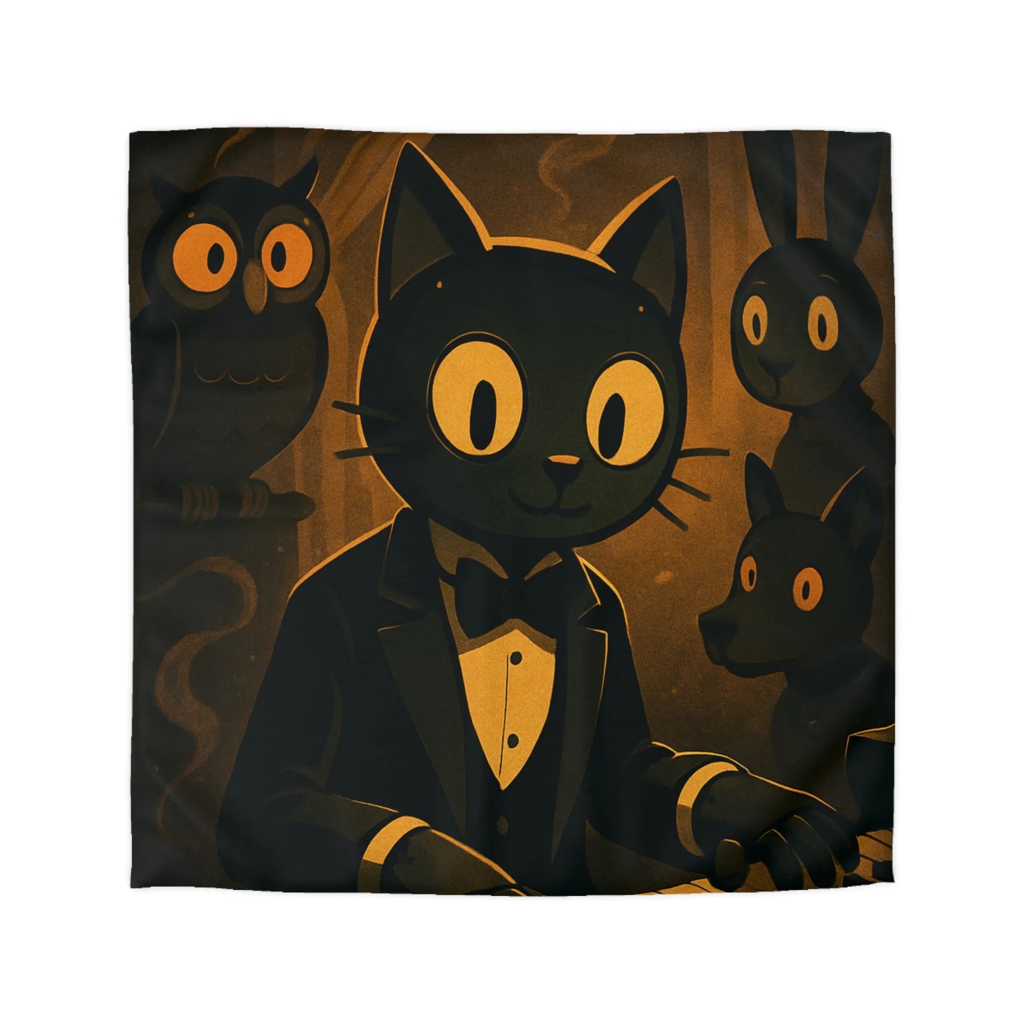 Housse de couette chat noir jouant du piano avec hibou et lapin en arrière-plan