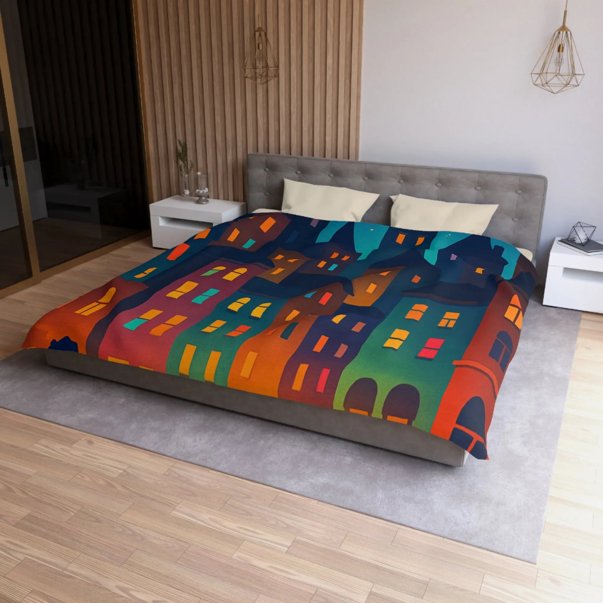 Housse de couette ambiance urbaine douce avec personnages et immeubles nocturnes stylisés