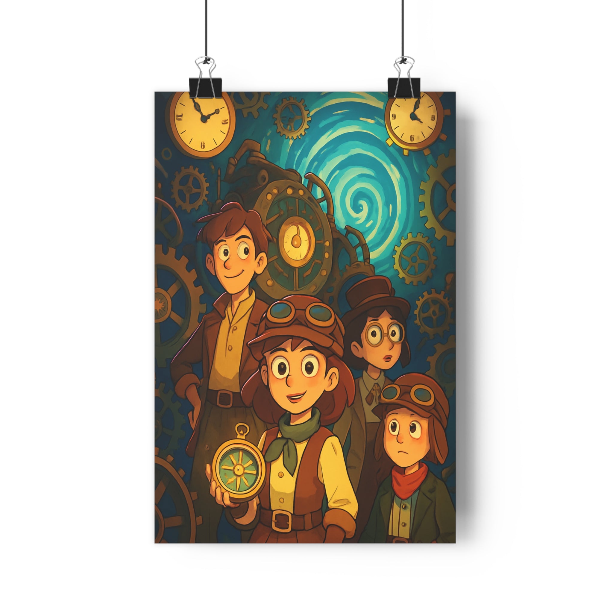 Poster décoratif steampunk aventure horlogerie bleu doré cartoon enfants salon dynamique intrigant moderne qualité