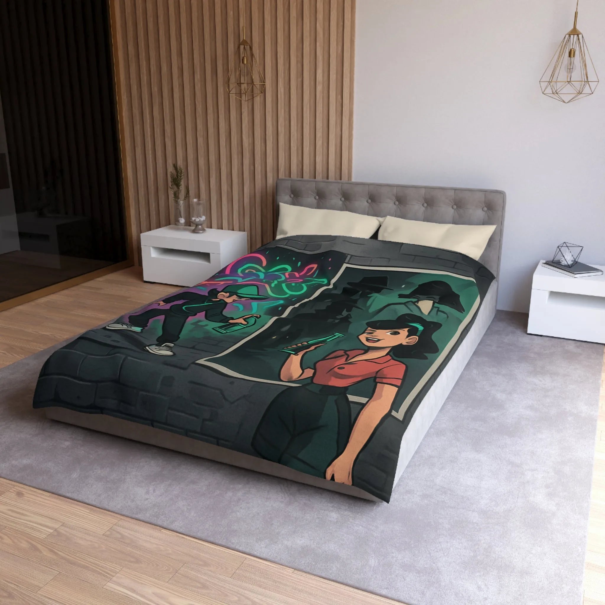 Housse de couette illustrée avec scène de rue colorée et personnages mystérieux