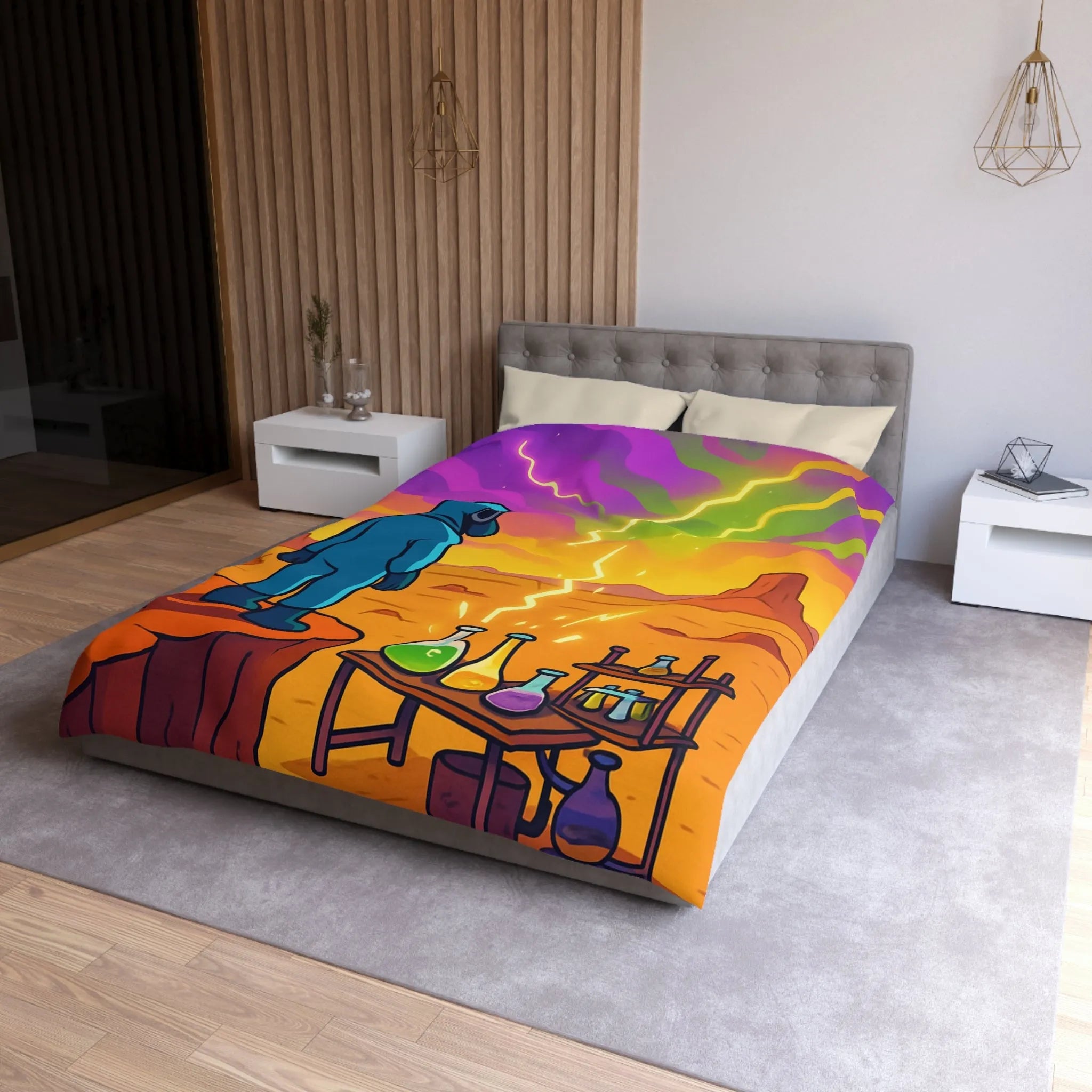 Housse de couette ciel extraterrestre arc-en-ciel avec scientifique et installations chimiques