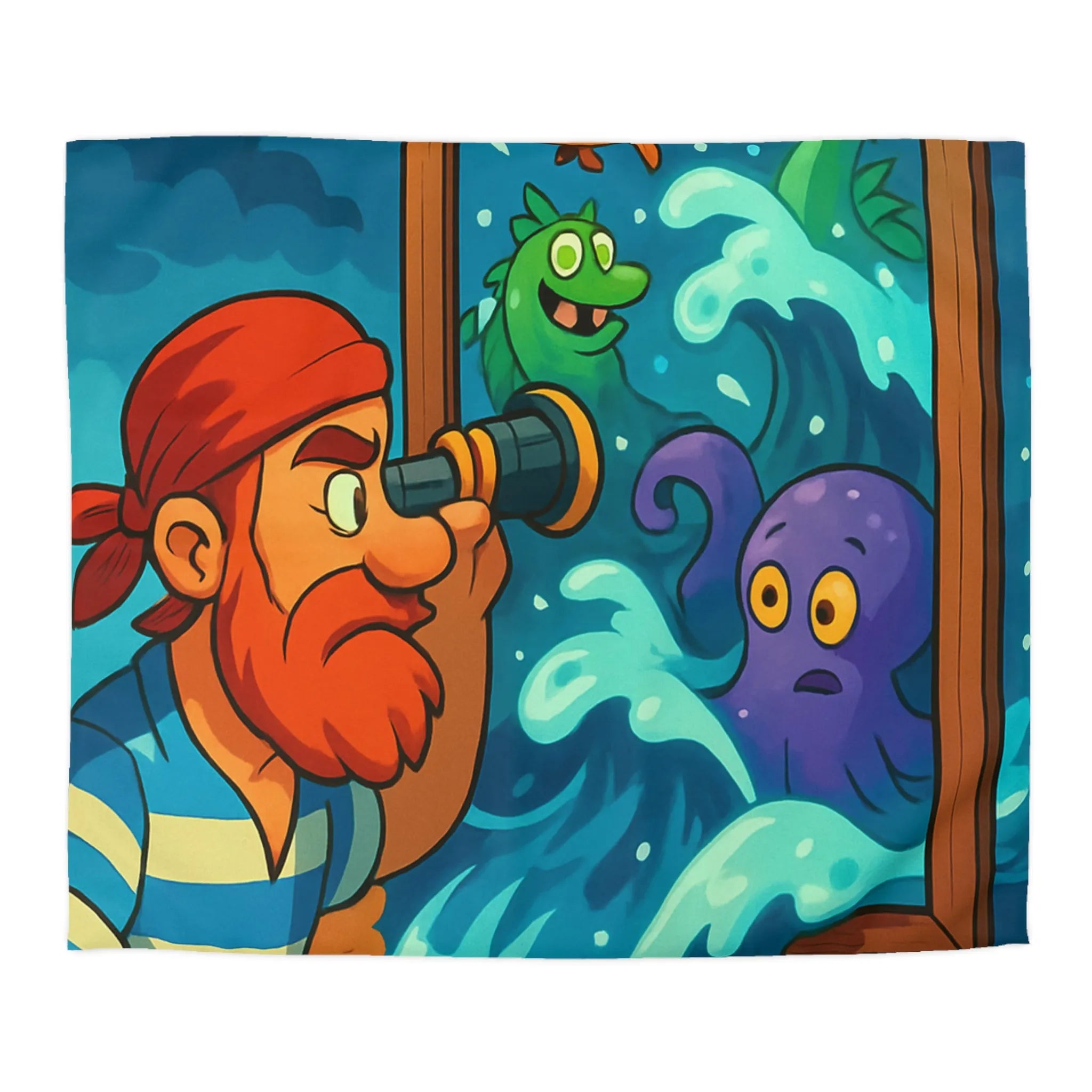 Housse de couette avec pirate observant créatures marines dans scène colorée et ludique