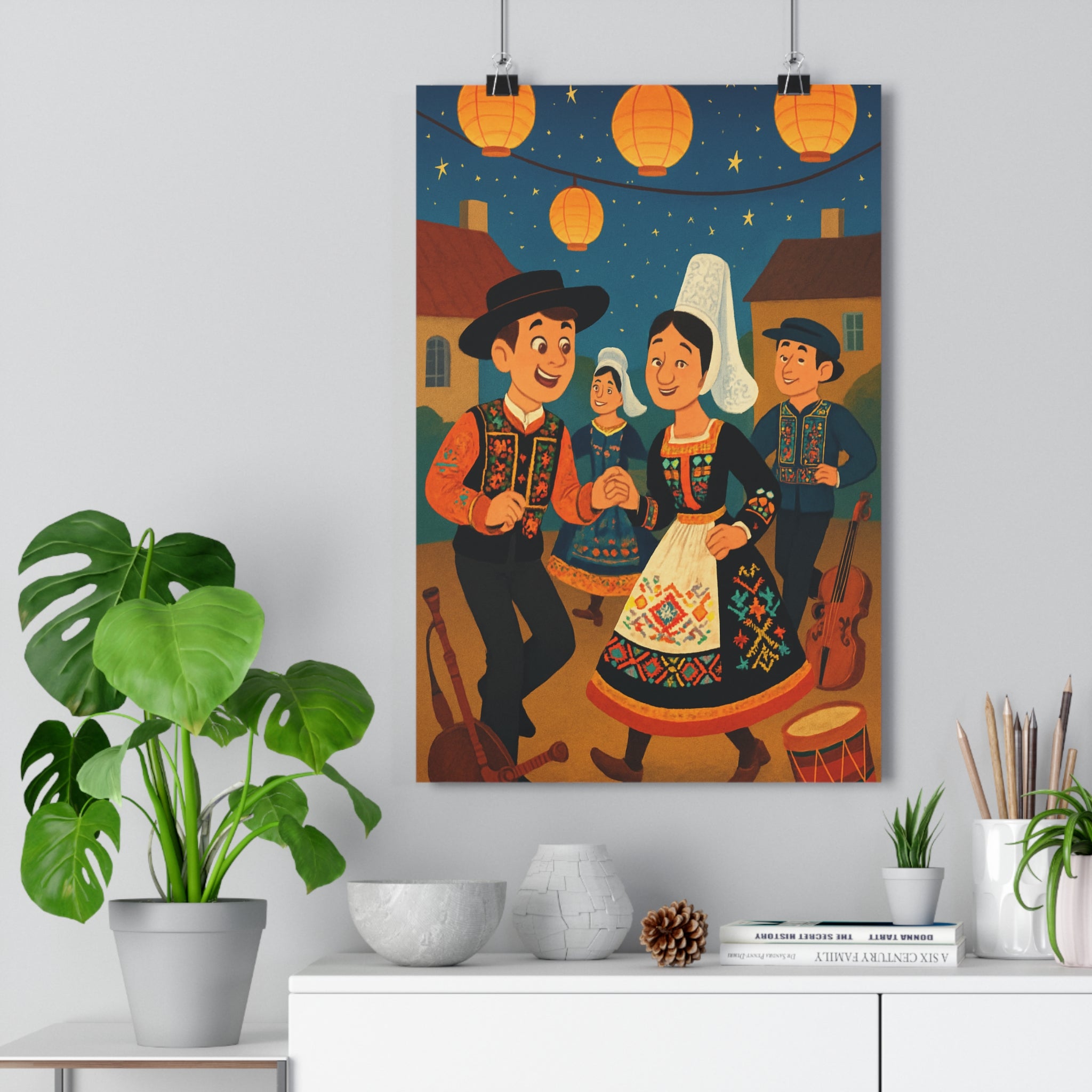 Poster décoratif festif coloré Bretagne danseurs traditionnels cartoon joyeux salon chambre musique lanternes bombarde