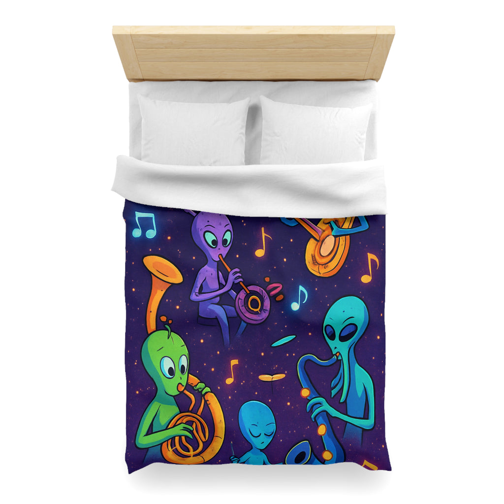 Housse de Couette Motif Aliens Musiciens Colorés Enchantant L'univers Spatial Fantastique