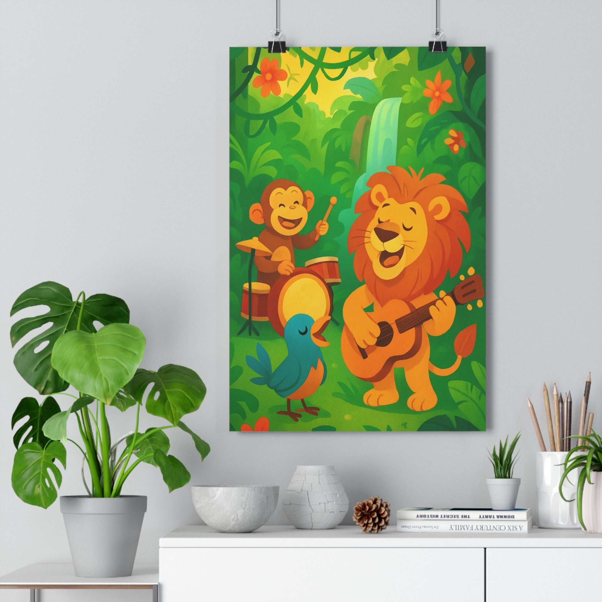 Poster décoratif jungle cartoon vert orange bleu enfant chambre joyeux exotique animaux musique 30x46