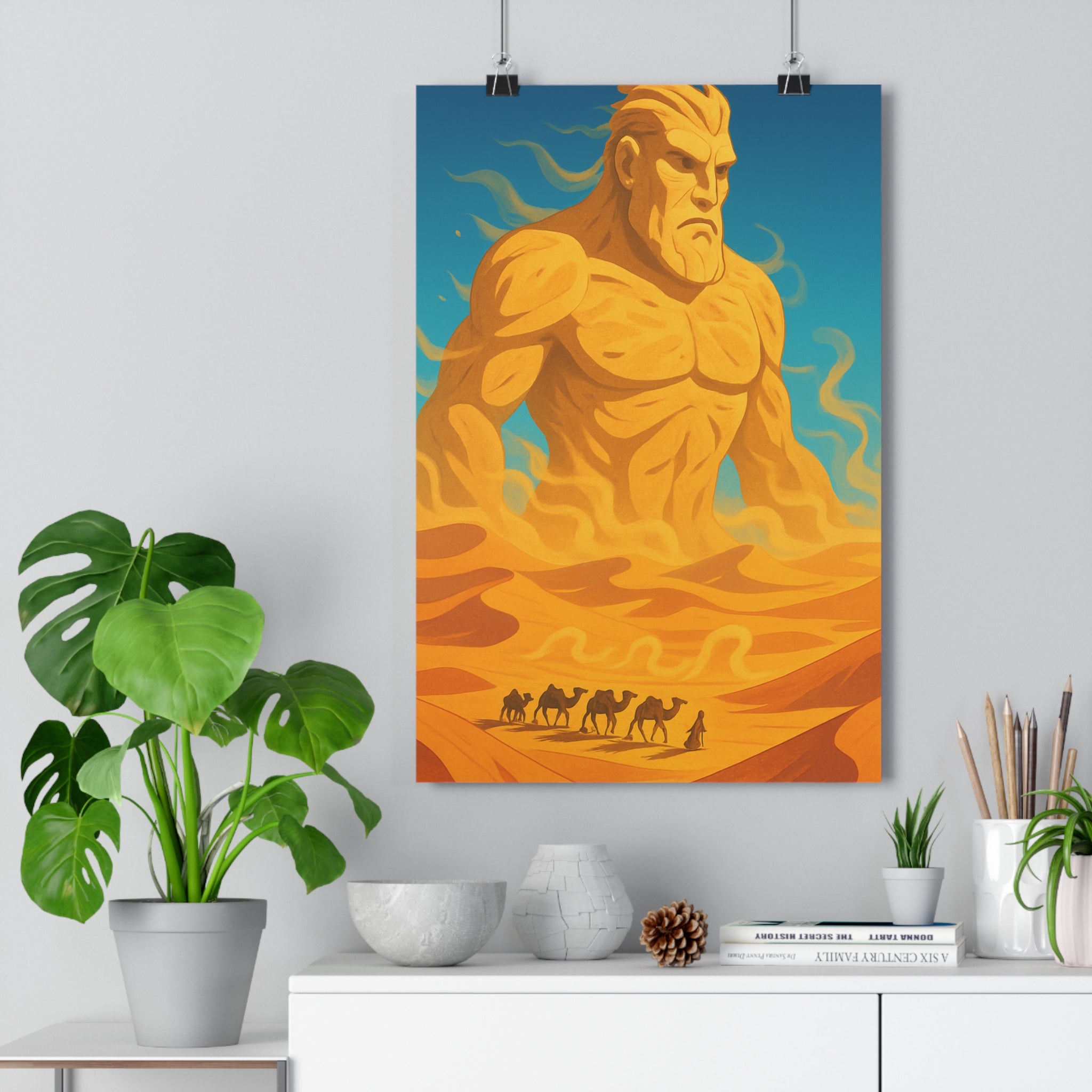 Poster décoratif géant sable désert jaune orange mystique aventure cartoon salon chambre ambiance chaleureuse