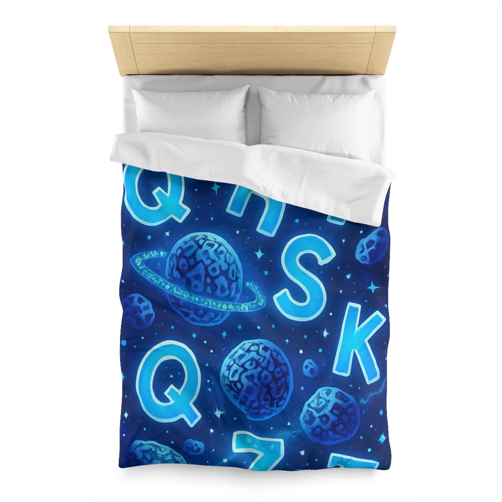 Alphabet bleuté interstellaire sur housse de couette planètes et étoiles pour décoration spatiale