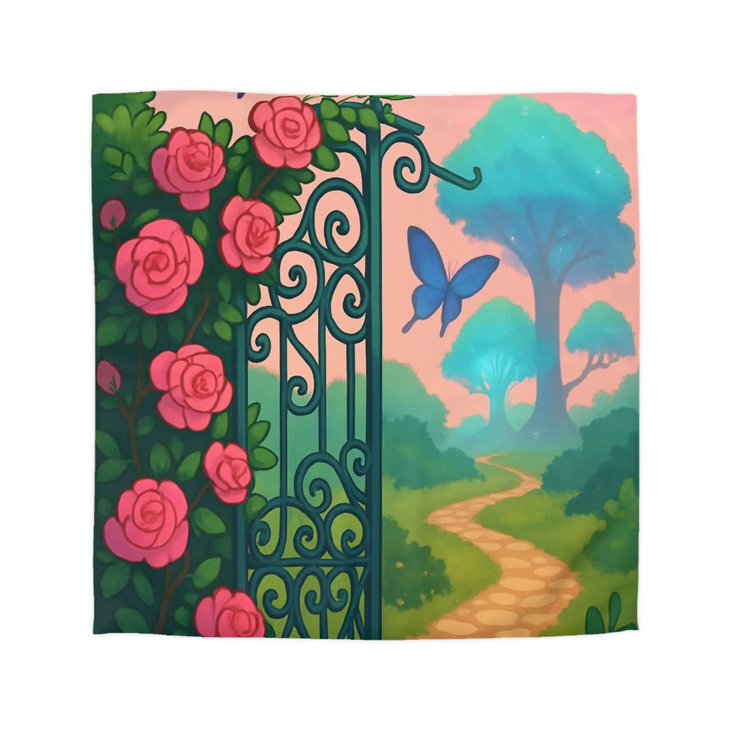 Belle housse de couette féerique avec portail fleuri et papillons colorés, jardins enchanteurs