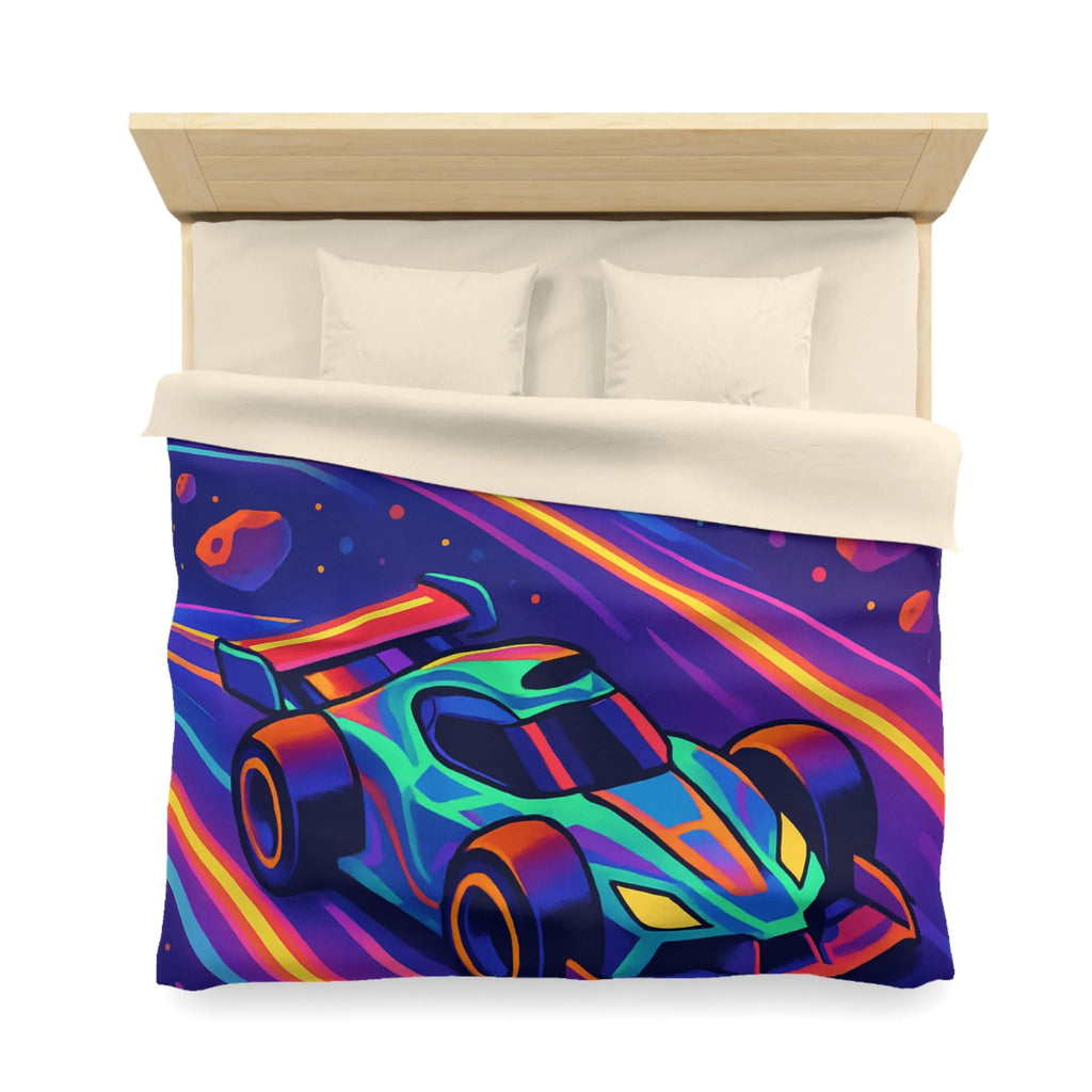 Éblouissante Housse de Couette avec Voiture Néon Galactique et Planètes Colorées