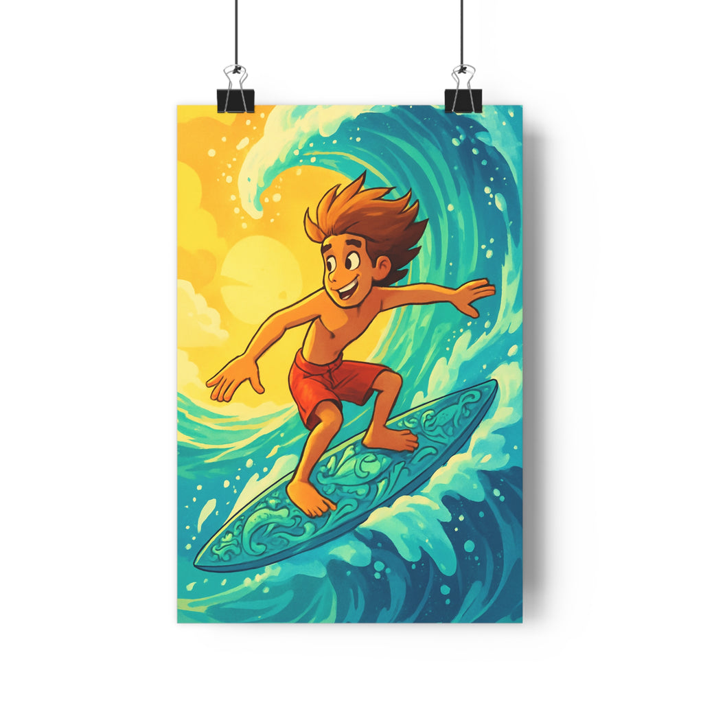 Poster décoratif cartoon surf enfant bleu rouge turquoise joyeux été chambre fun dynamique tendance