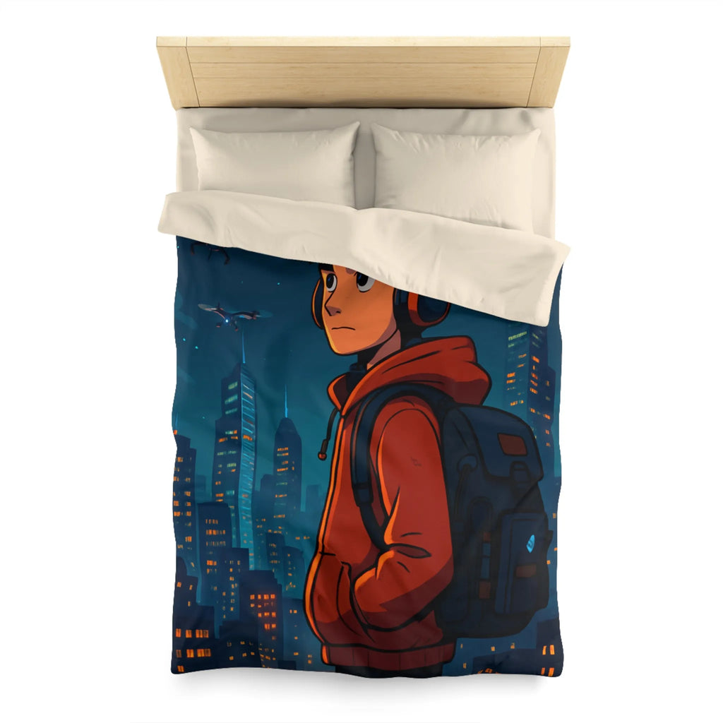 Housse de couette ado moderne nocturne avec personnage urbain et drones dans le ciel