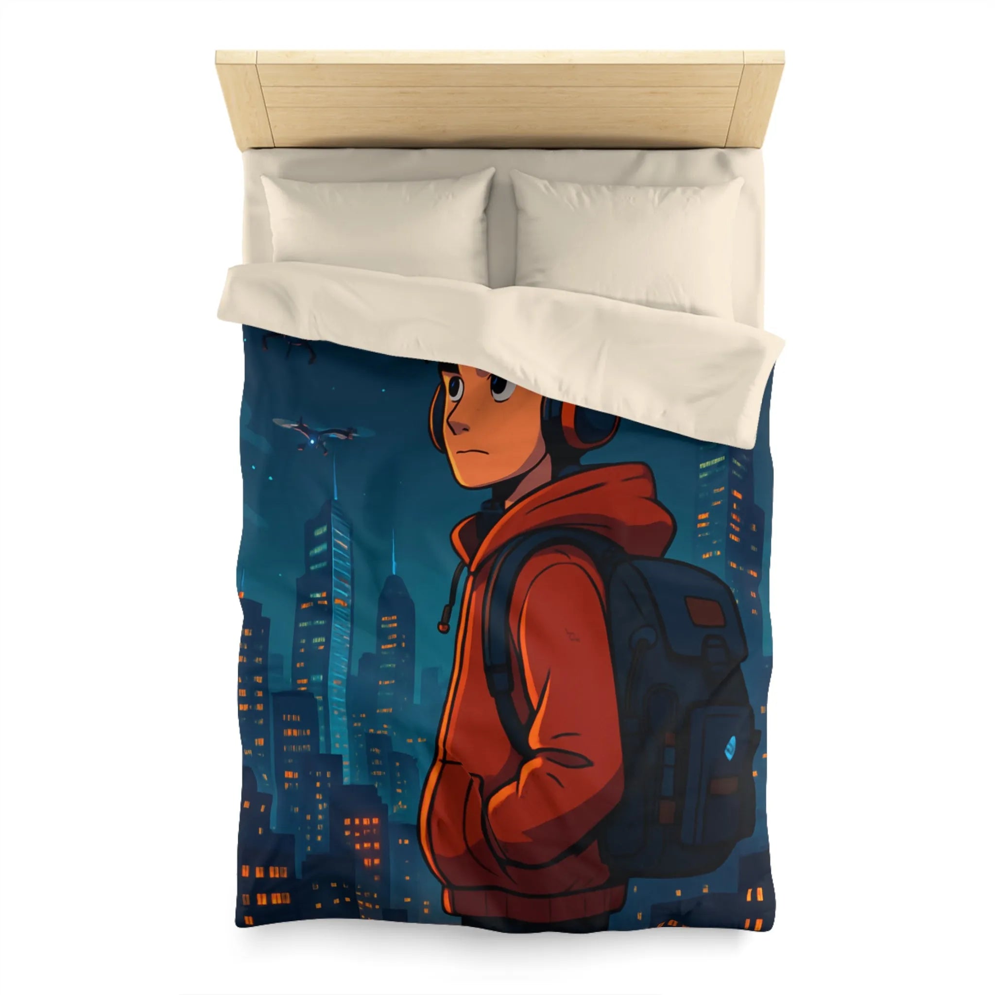 Housse de couette ado moderne nocturne avec personnage urbain et drones dans le ciel