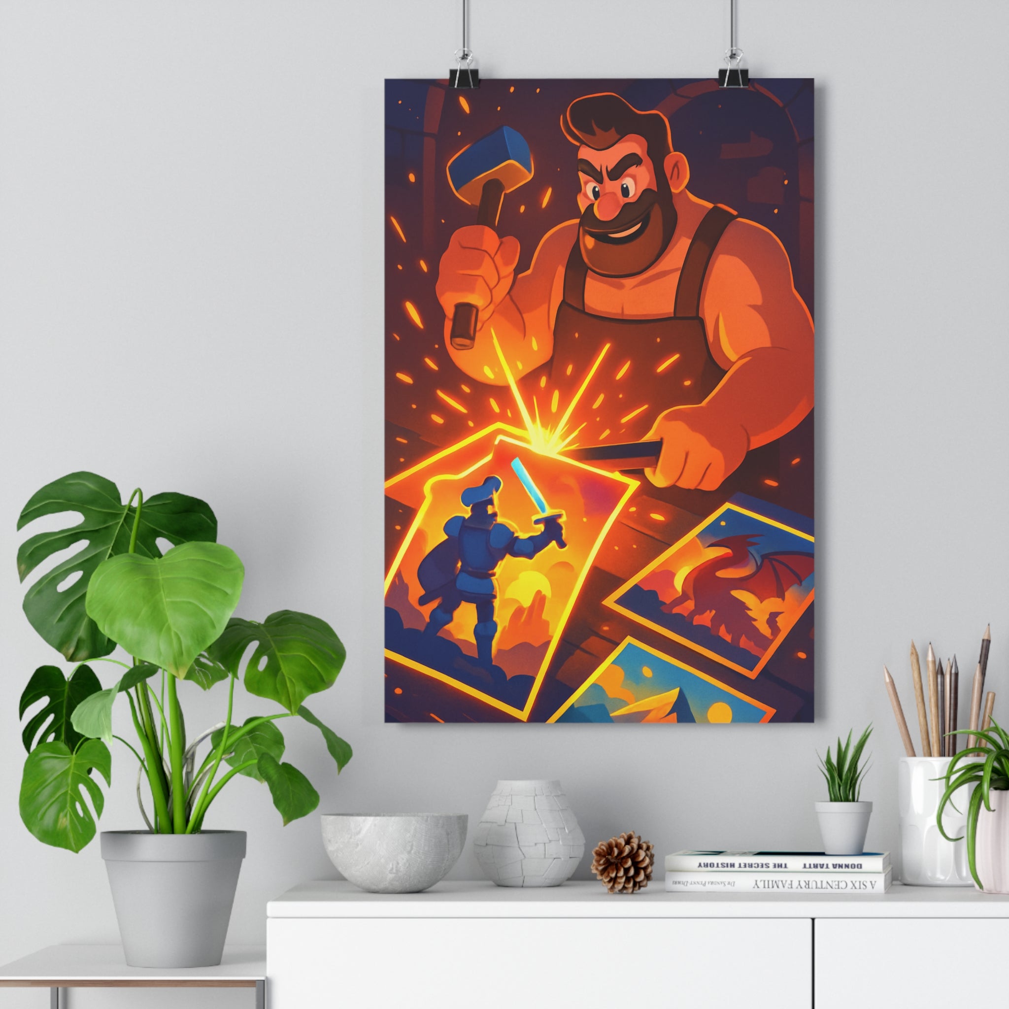 Poster décoratif animé chevalier dragon épique énergique chambre salon couleurs vives lumineux dynamique intense