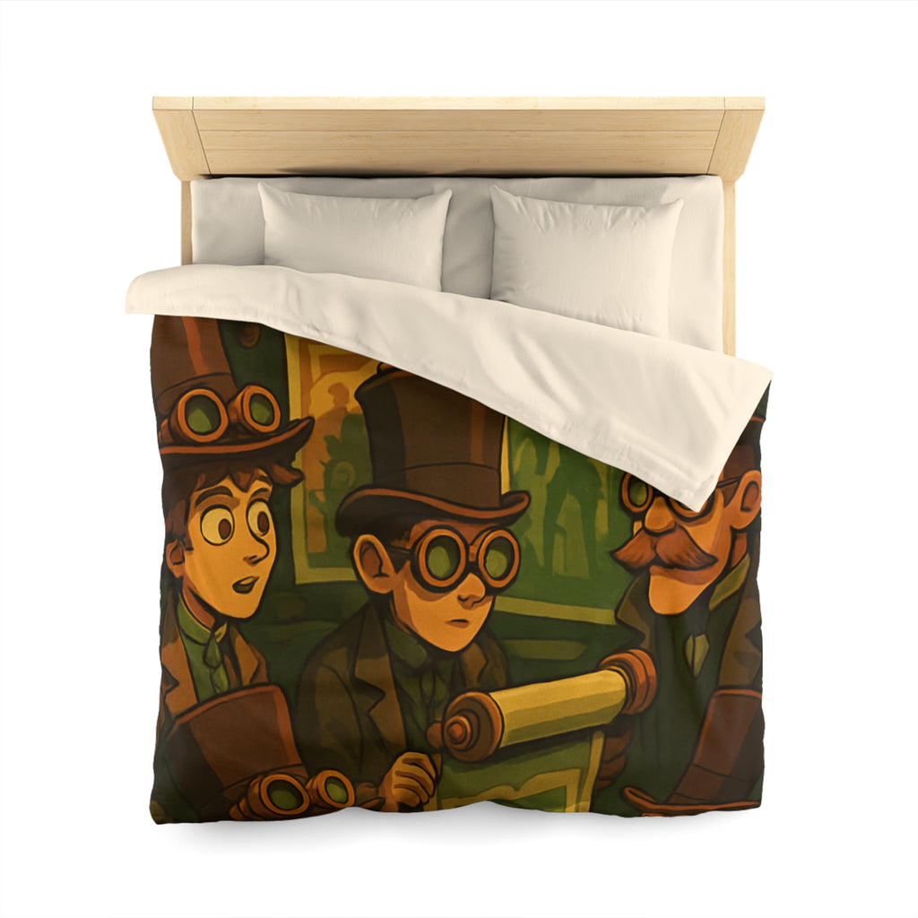 Housse de couette steampunk rétro vintage, illustration de gentlemen en chapeaux et engrenages