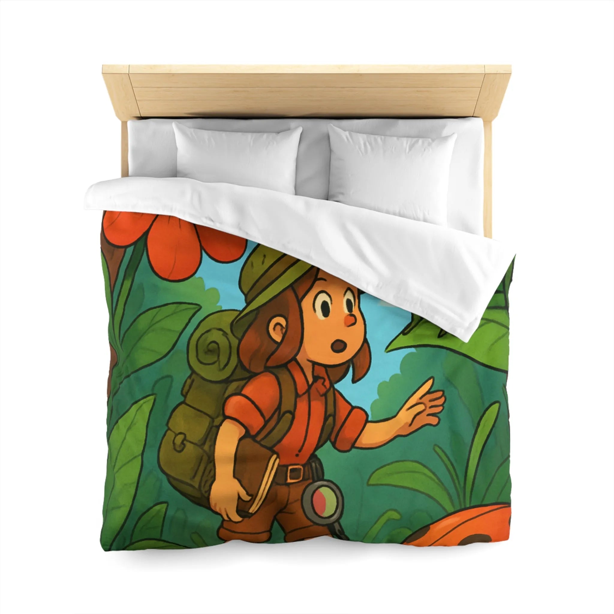 Housse de Couette Enfant Nature avec Exploratrice et Insectes Géants pour Aventure Ludiquement Colorée