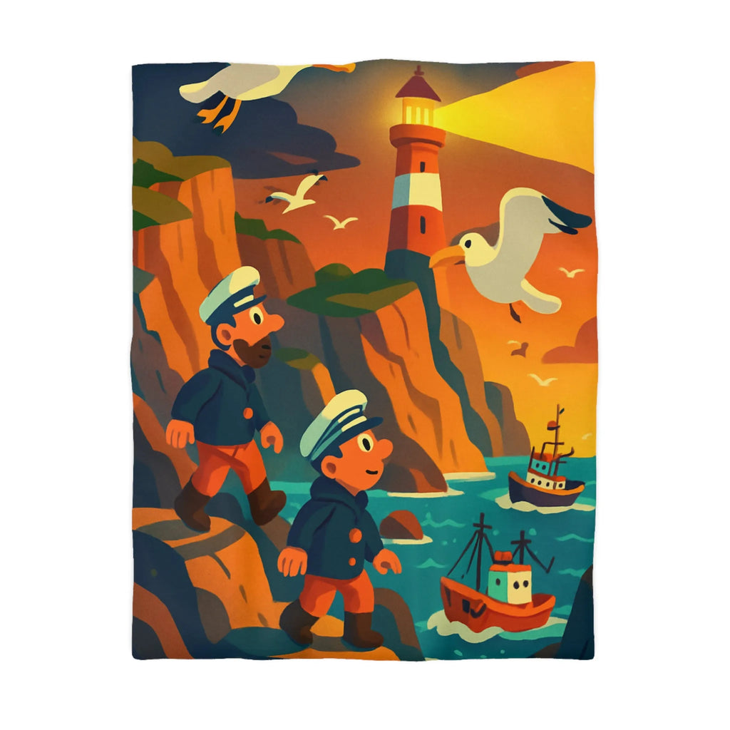 Housse de couette maritime colorée avec phares et marins au coucher du soleil