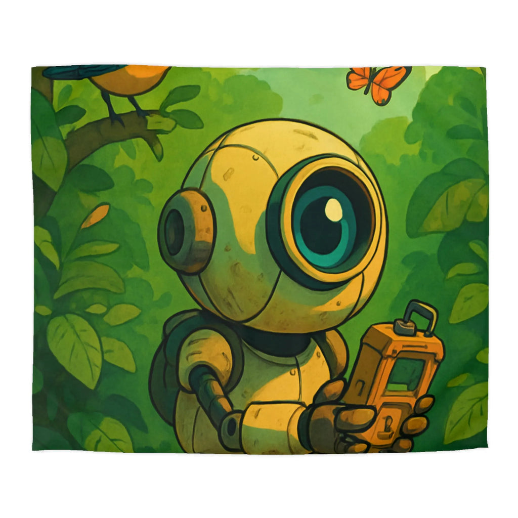 Housse de couette ludique avec robot curieux dans une forêt verdoyante et magique