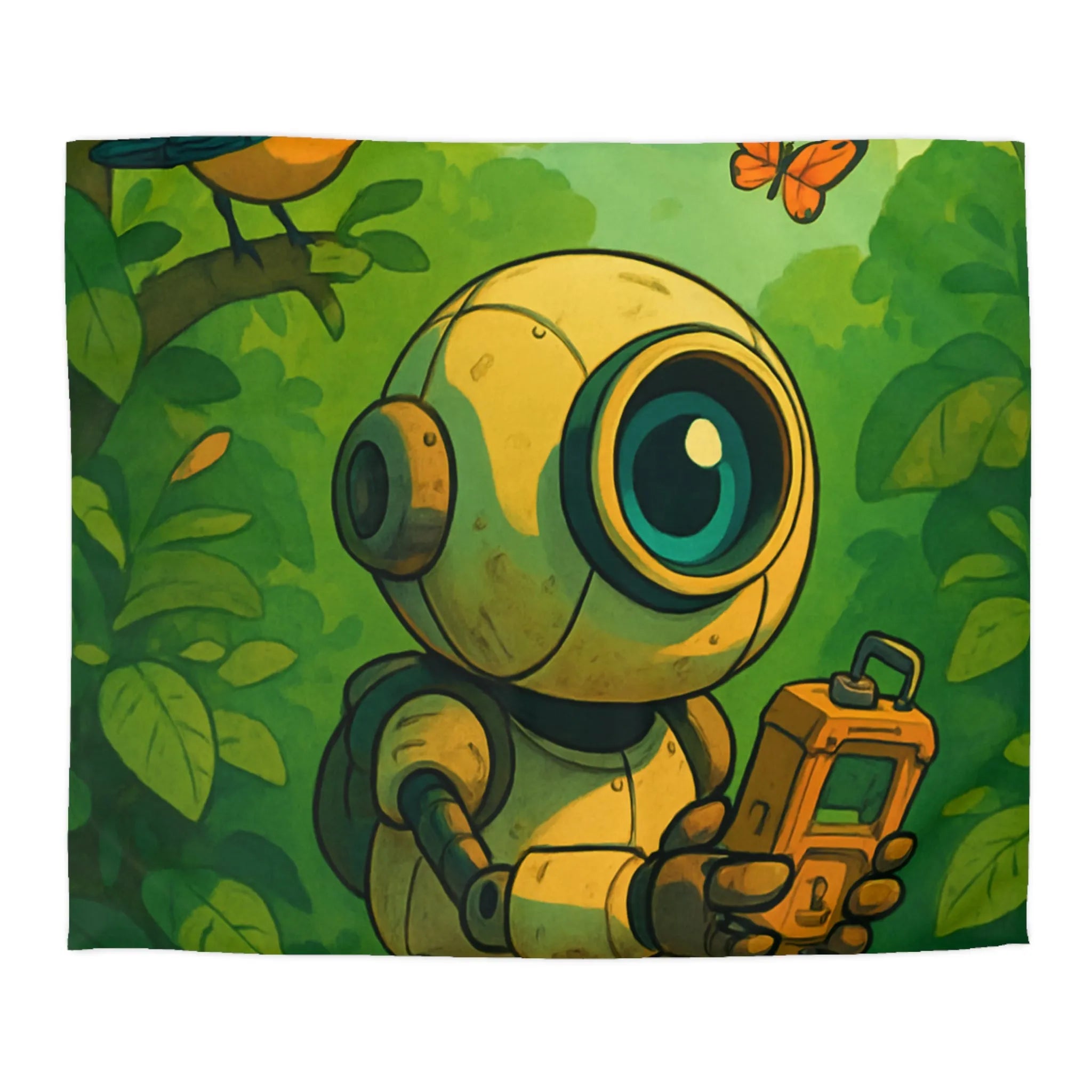 Housse de couette ludique avec robot curieux dans une forêt verdoyante et magique