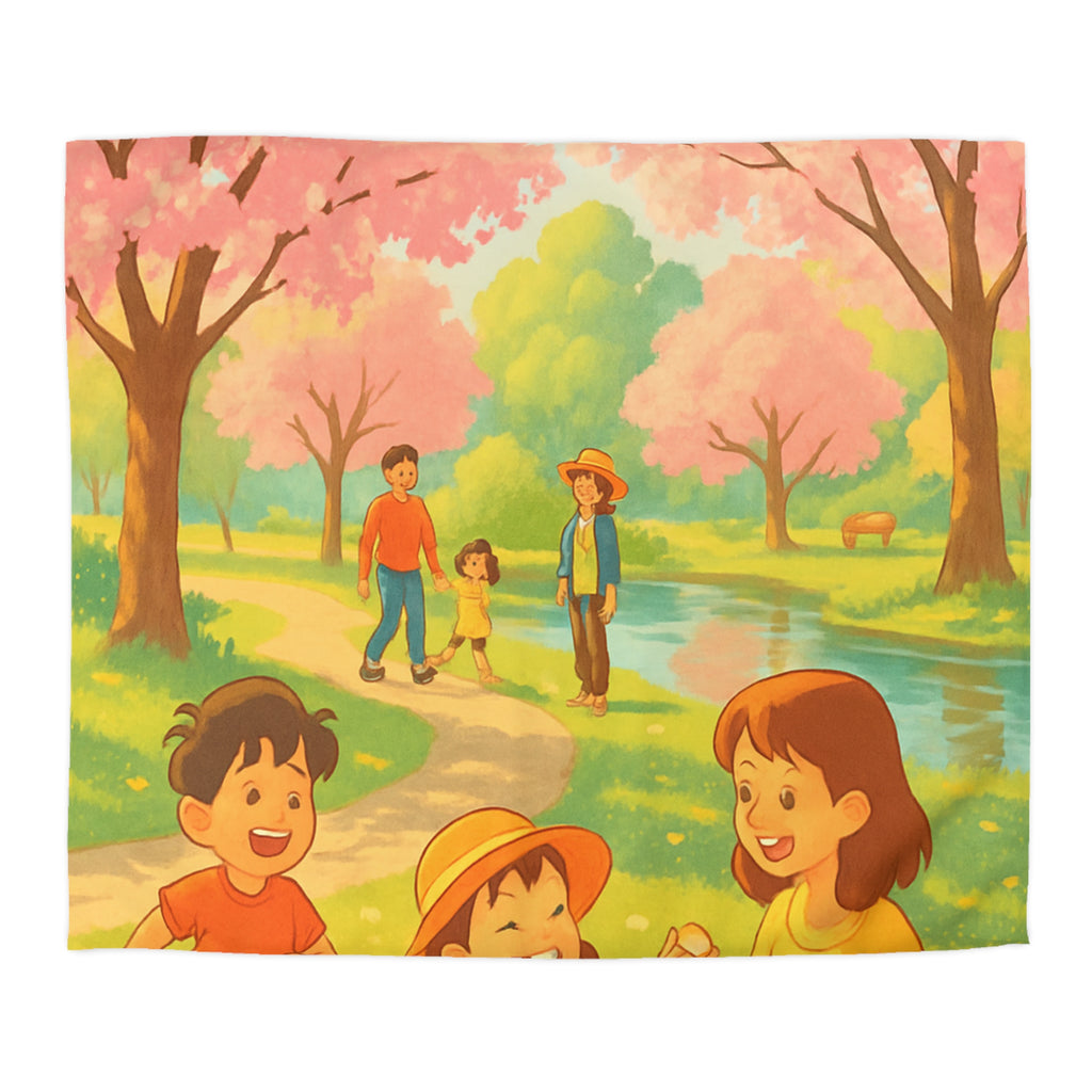 Housse de Couette Printanière avec Scène de Pique-nique Sous Cerisiers en Fleurs