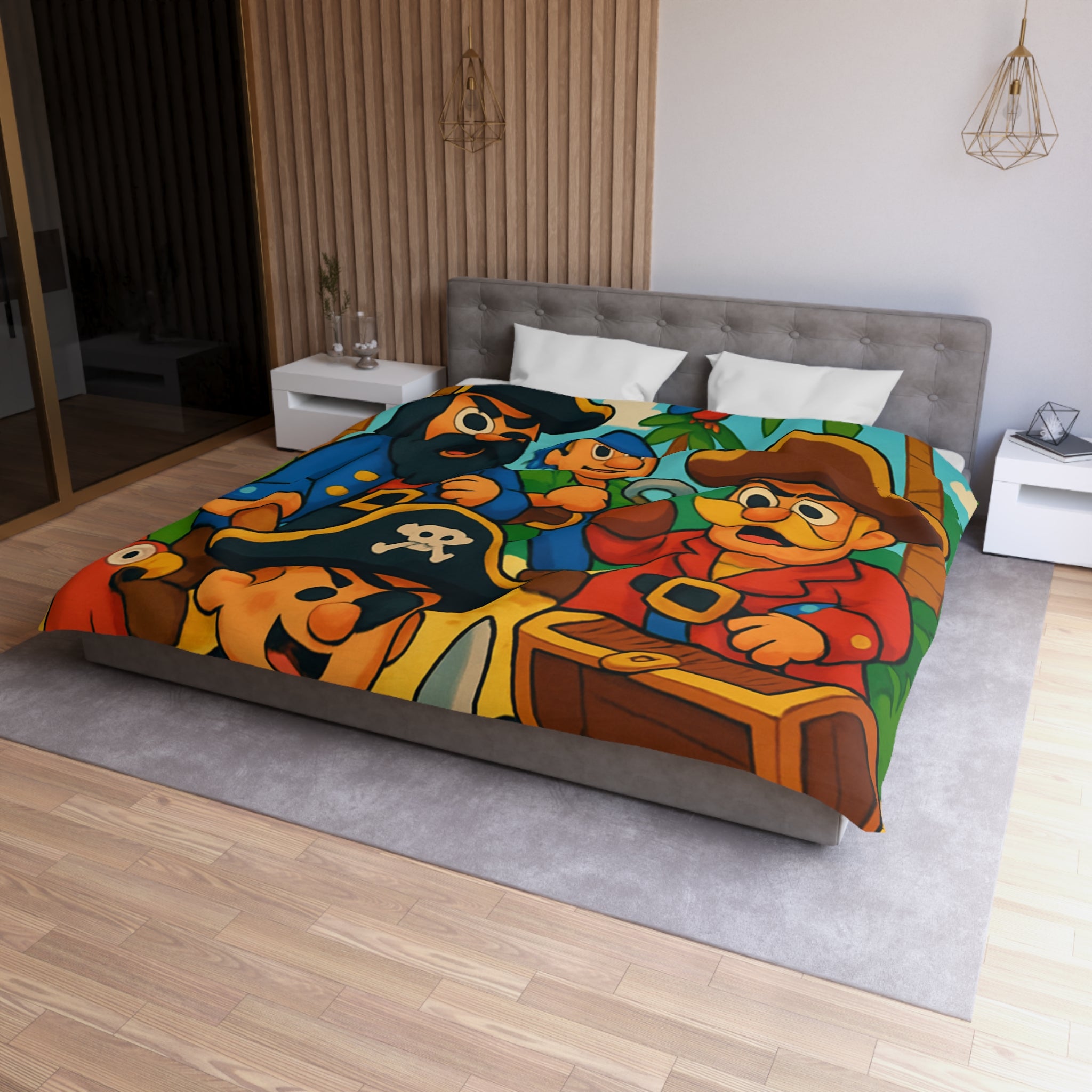 Housse de couette pirate colorée avec trésors, perroquets et personnages joyeux animés