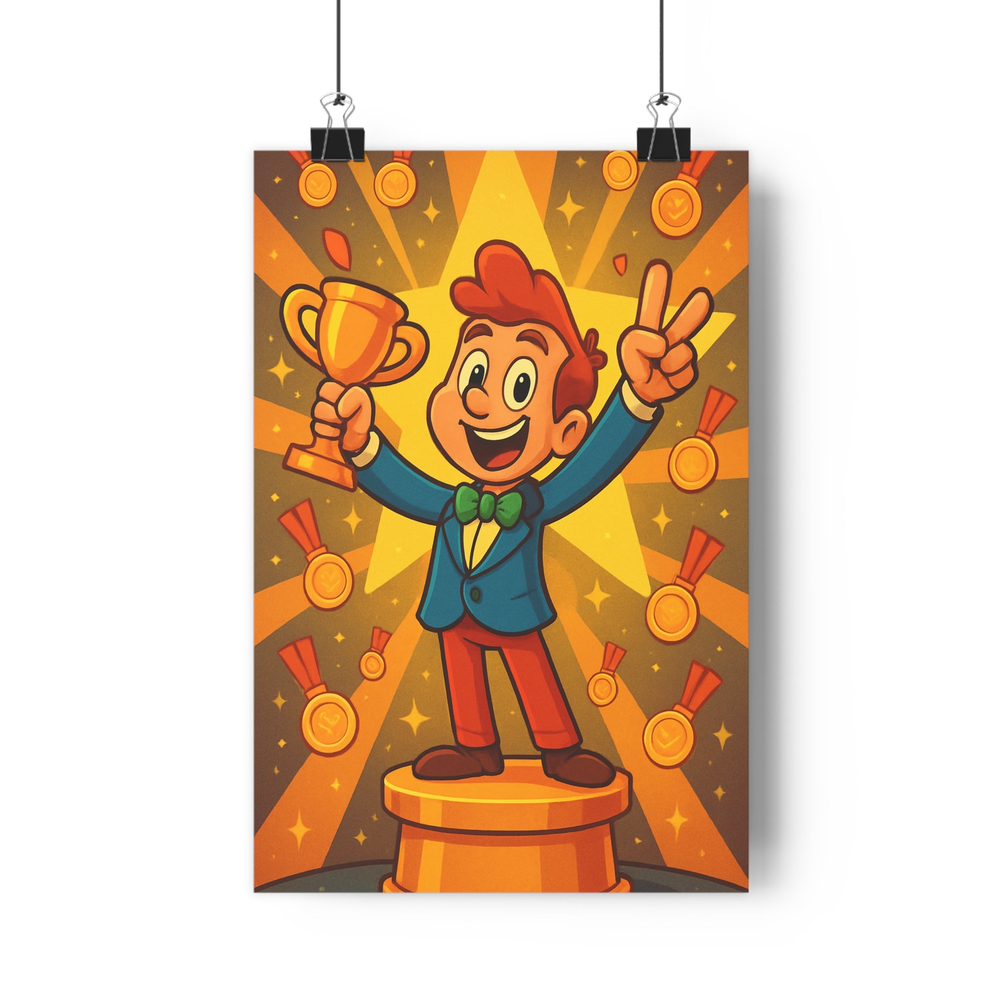 Poster décoratif cartoon jaune orange joyeux chambre enfant trophée médailles dynamique festif 30x46 cm