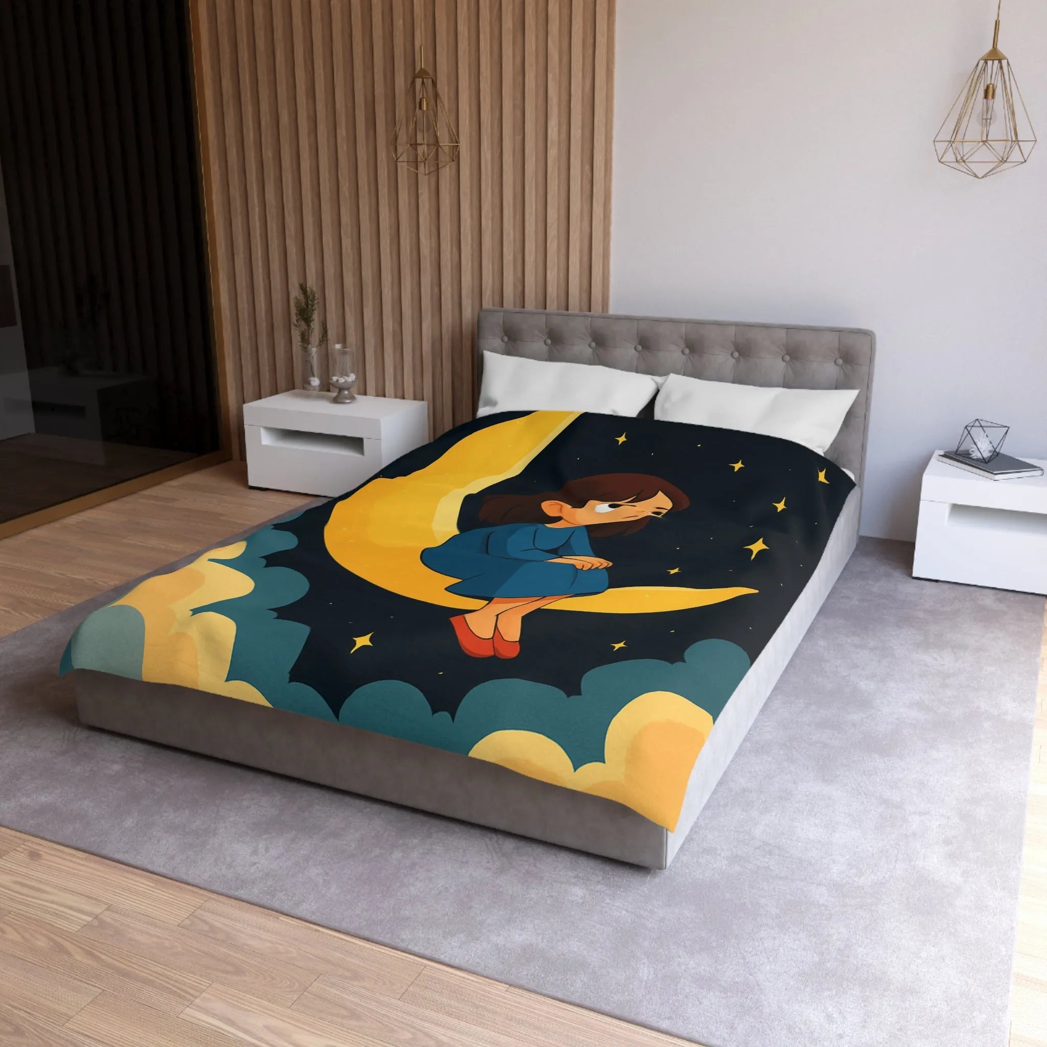 Housse de couette avec lune jaune, ciel étoilé et fille pensive en bleu