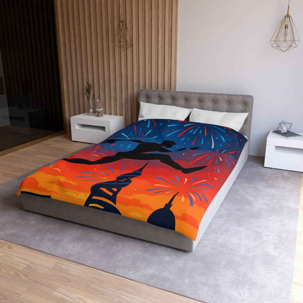 Housse de couette avec silhouette sportive et feux d'artifice, ambiance nocturne colorée
