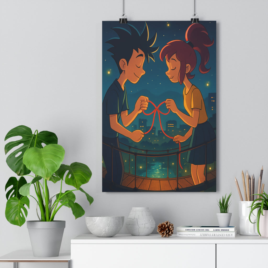 Poster décoratif anime romantique bleu orange lumineux chambre salon apaisant rêveur personnages élégance murale