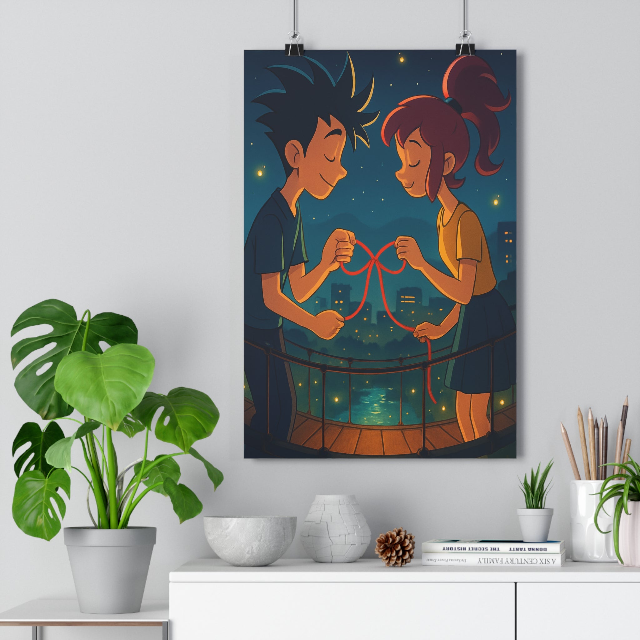Poster décoratif anime romantique bleu orange lumineux chambre salon apaisant rêveur personnages élégance murale