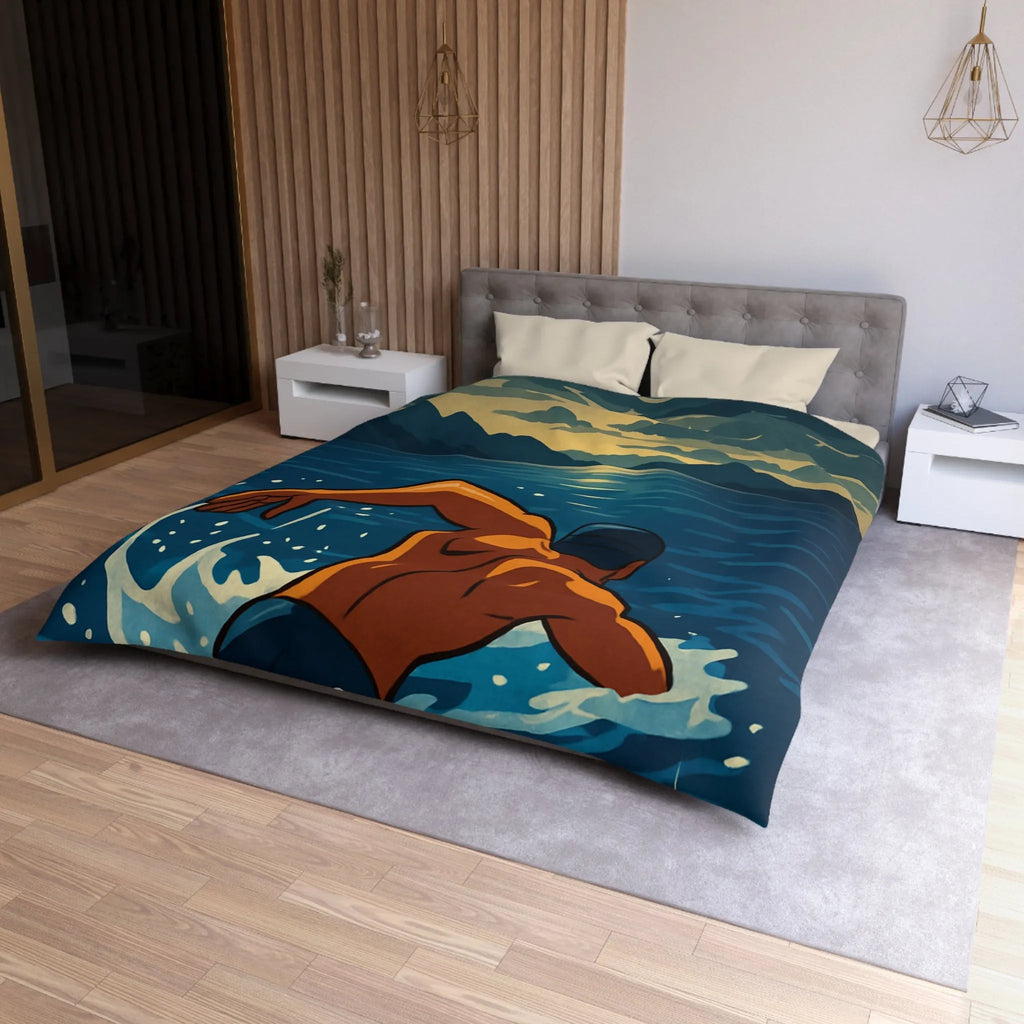 Housse de Couette avec Nageur Solitaire au Clair de Lune sur Océan Étincelant