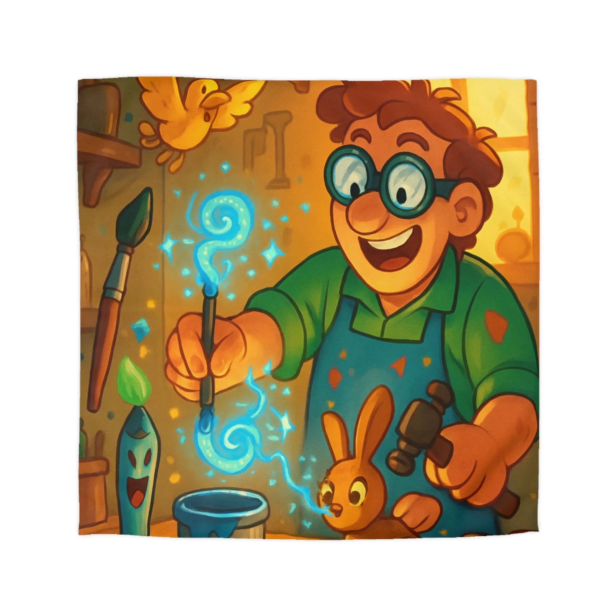 Artisan heureux sculpte figurines magiques dans atelier en bois lumineux et coloré