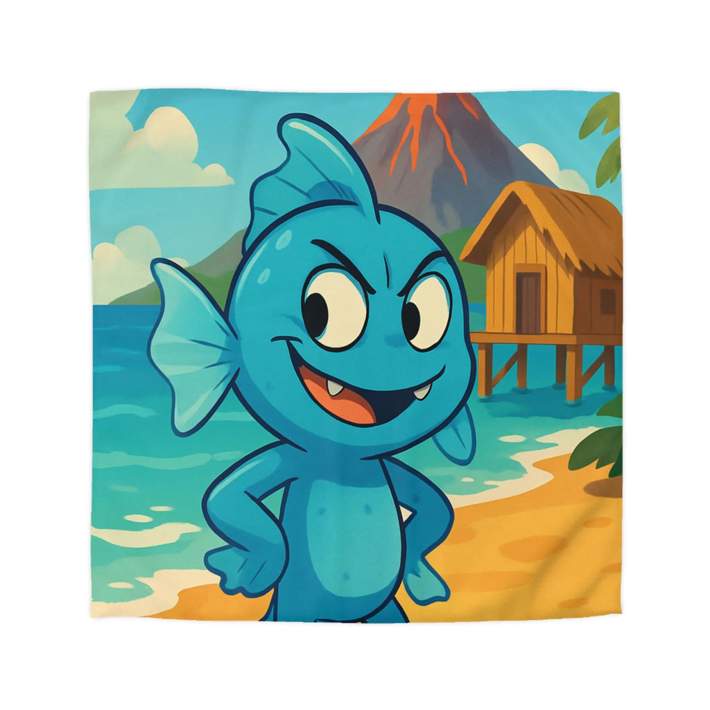 Housse de couette île tropicale avec poisson bleu et volcan en arrière-plan