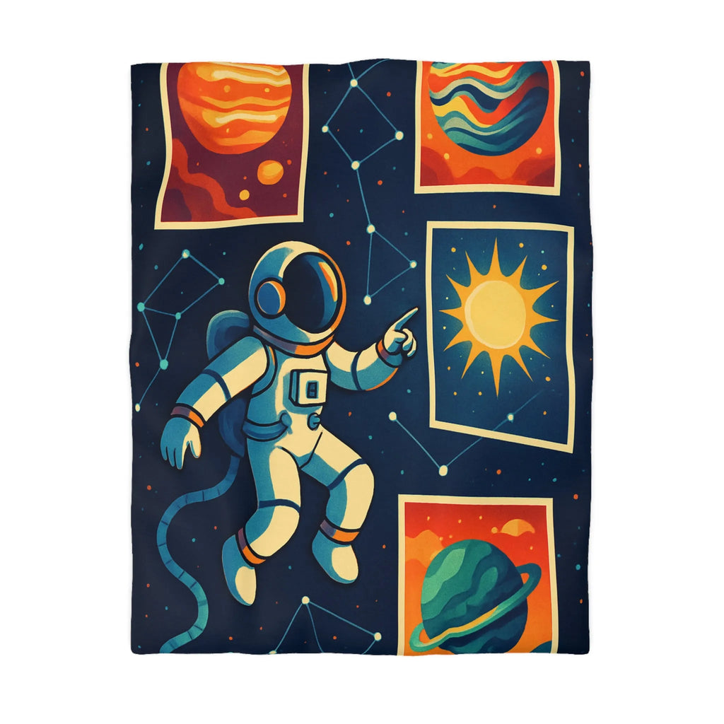 Housse de Couette Espace: Astronaute Flottant parmi Planètes et Constellations, Nuit Étoilée